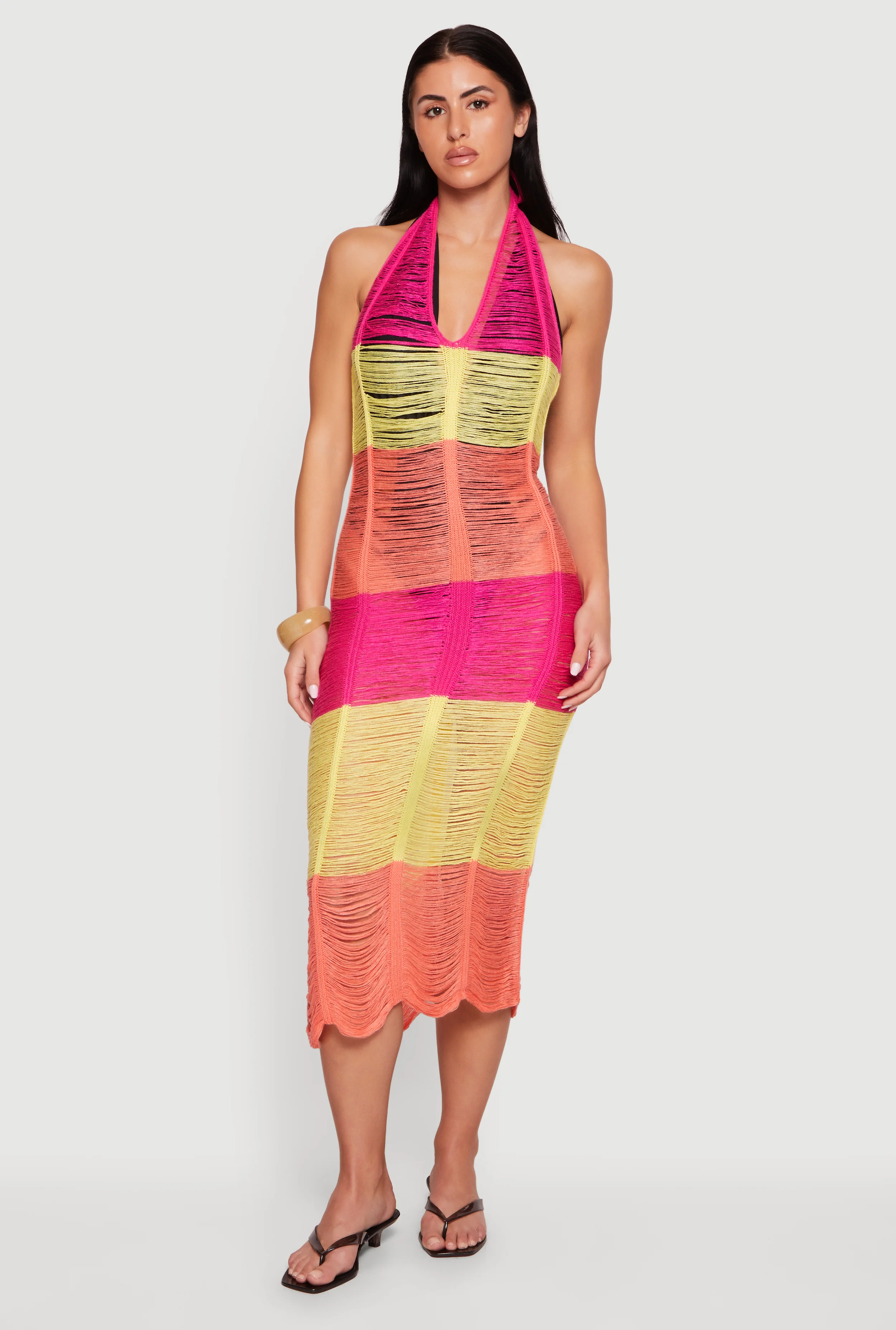 Tie Back Halter Neck Distressed Striped Dress