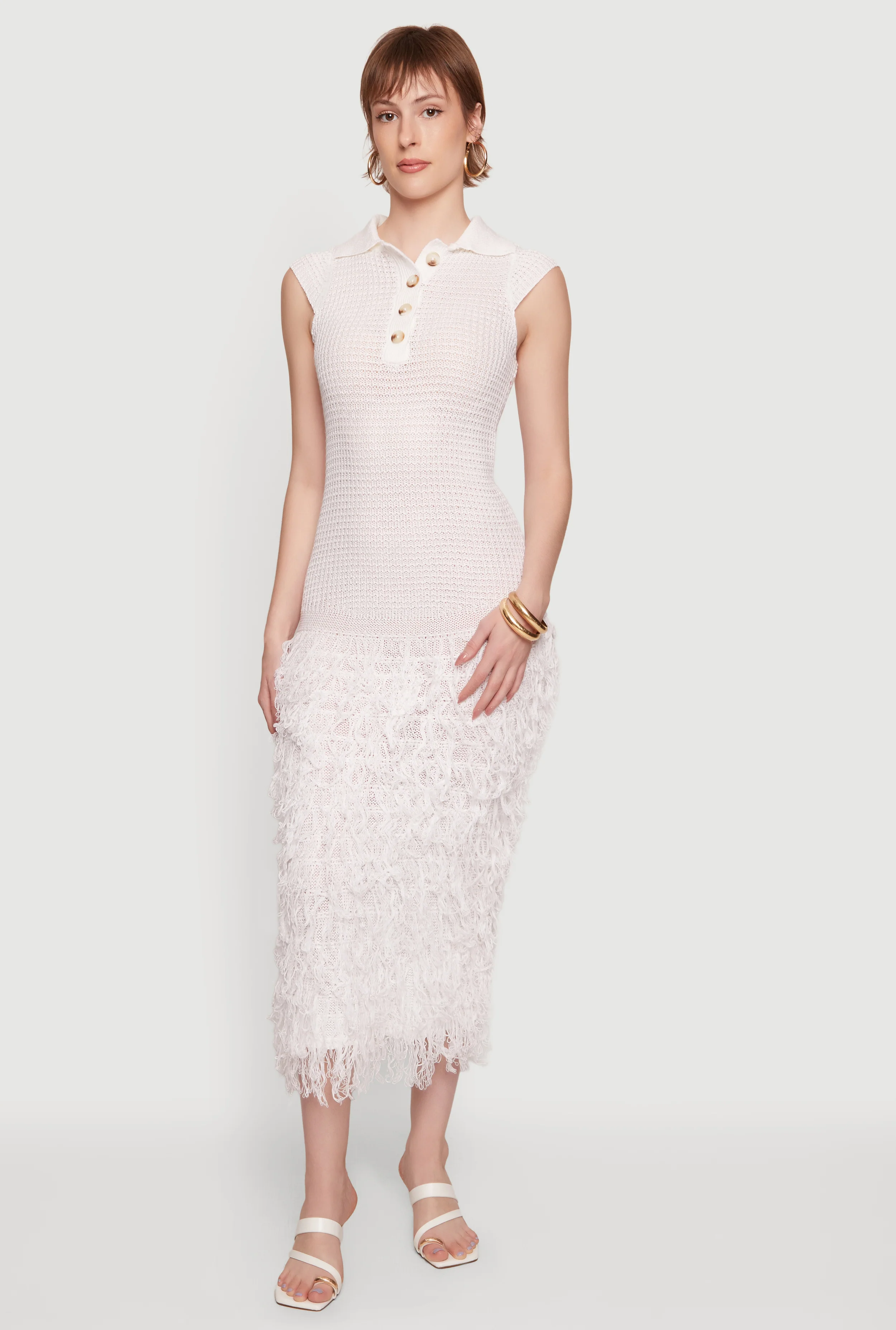 Crochet Button Front Collared Fringe Hem Dress