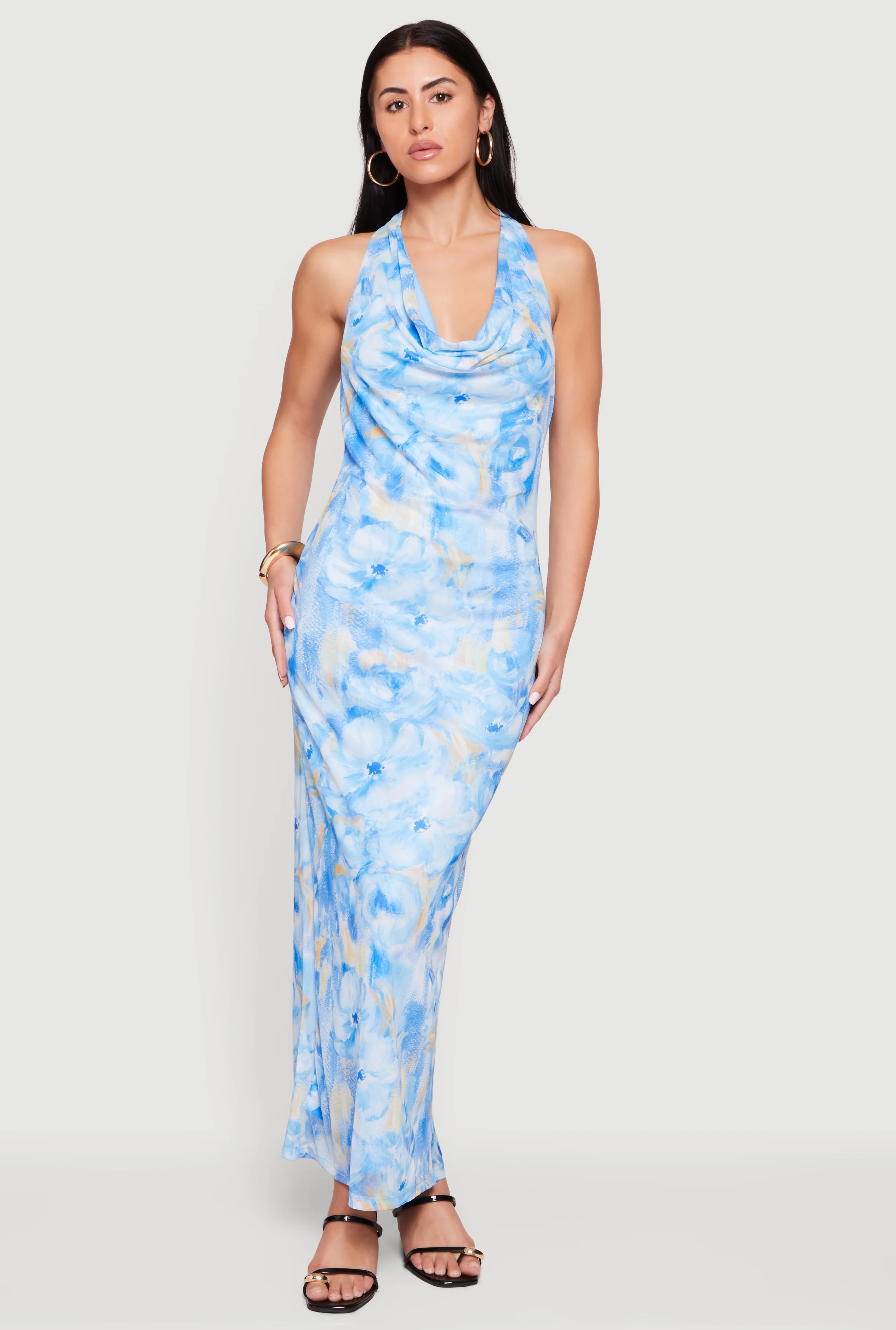 Printed Pattern Cowl Halter Neck Mesh Maxi Dress