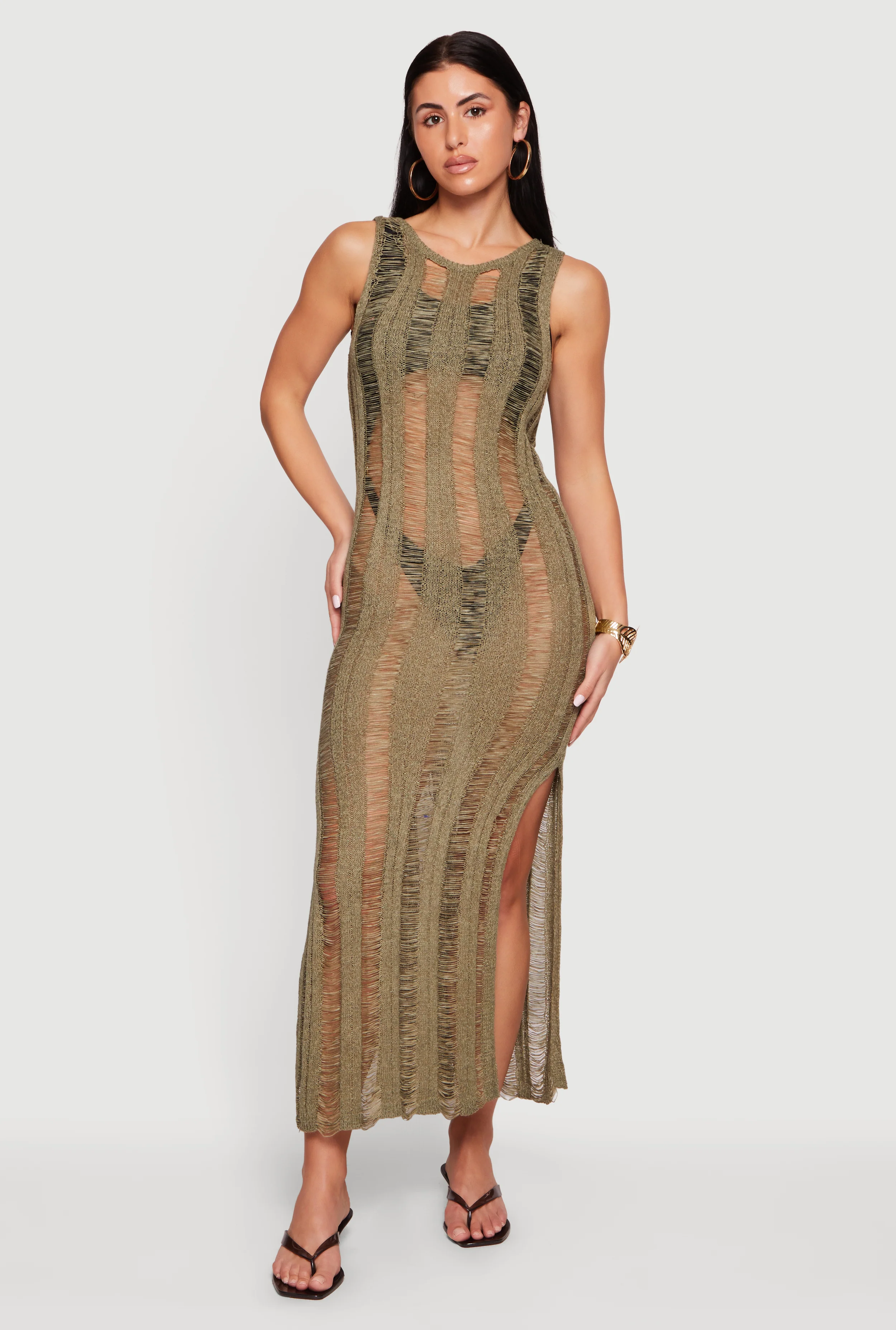 Crochet Shadow Stripe Side Slit Maxi Dress