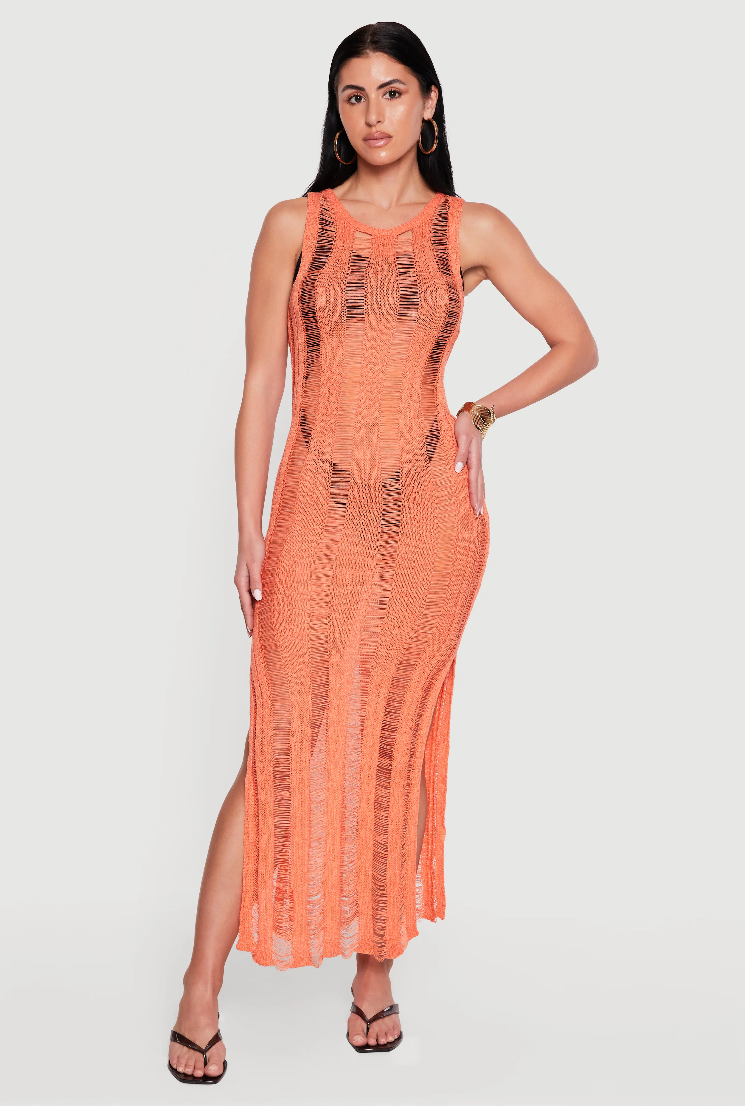 Crochet Shadow Stripe Side Slit Maxi Dress