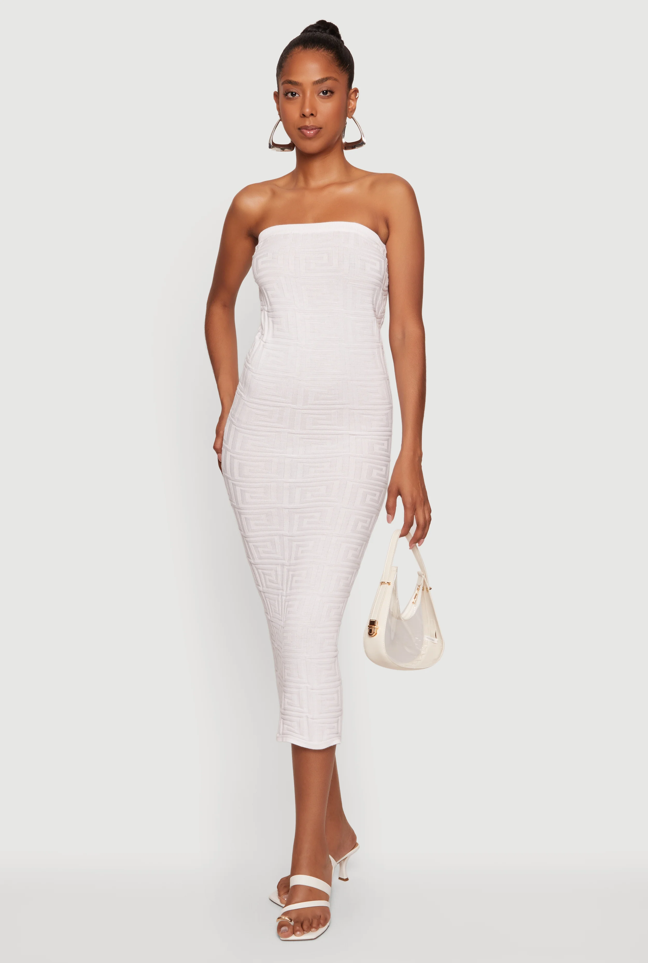 Greek Key Knit Strapless Midi Dress