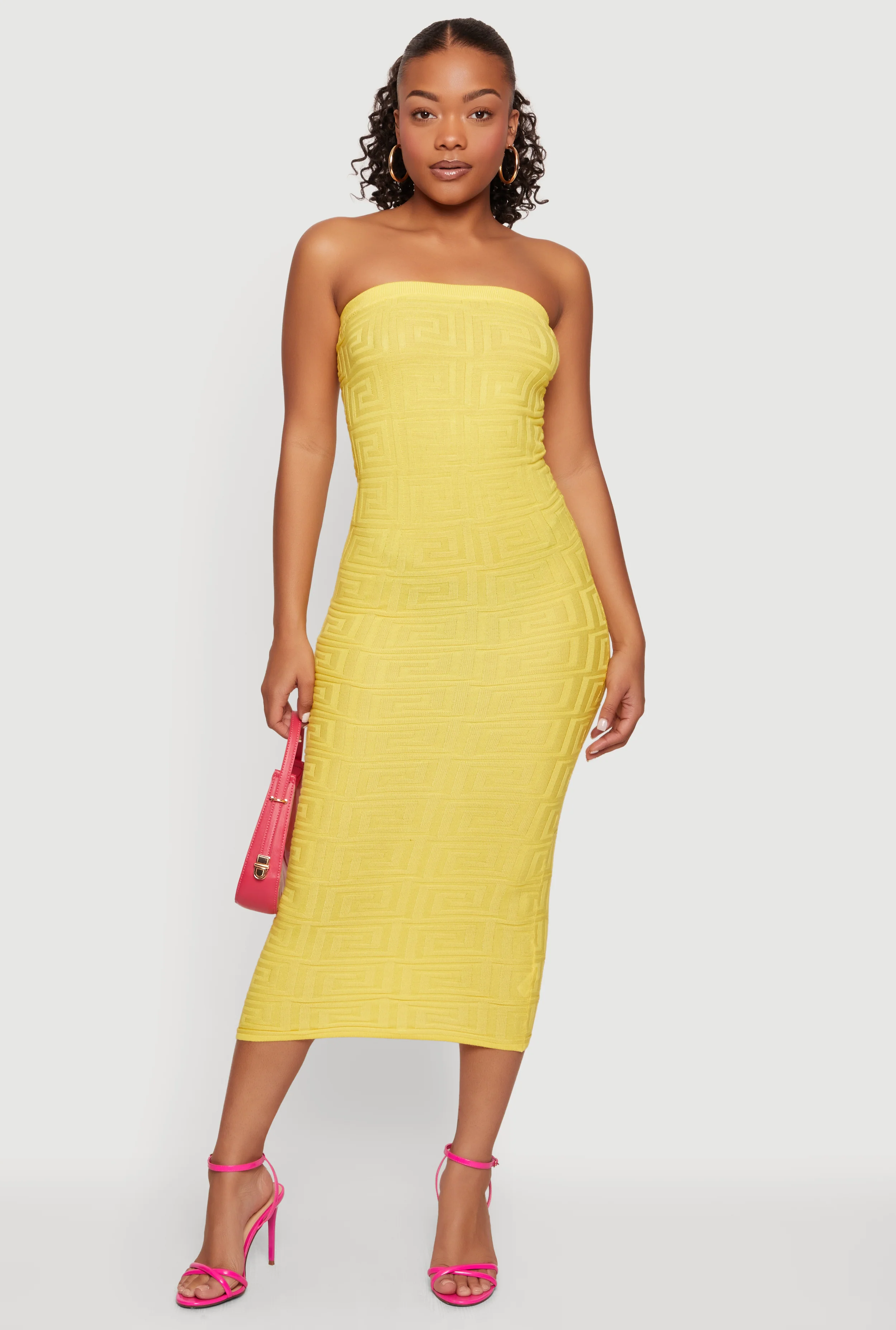Greek Key Knit Strapless Midi Dress