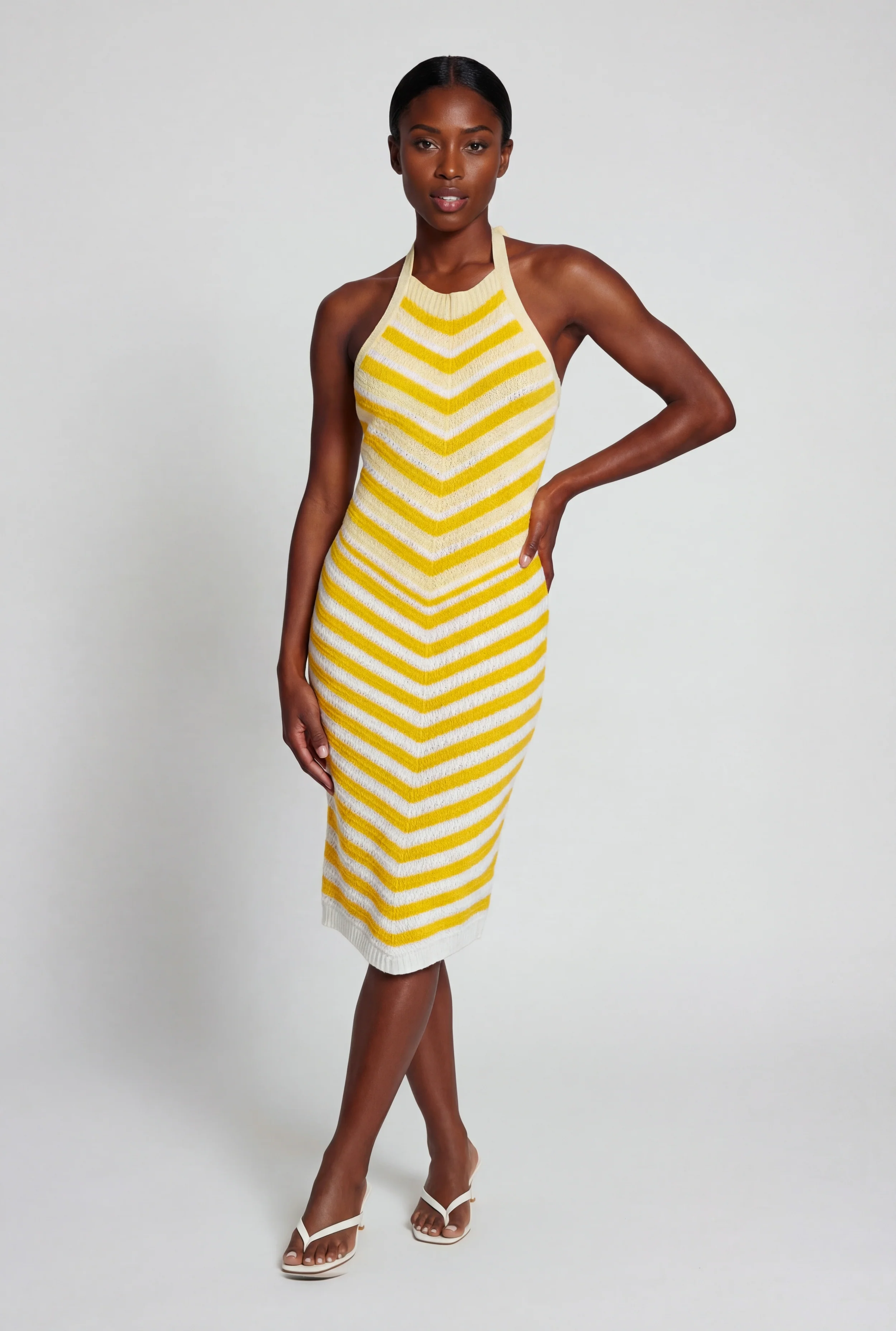 Chevron Stripe Tie Back Halter Crochet Midi Dress
