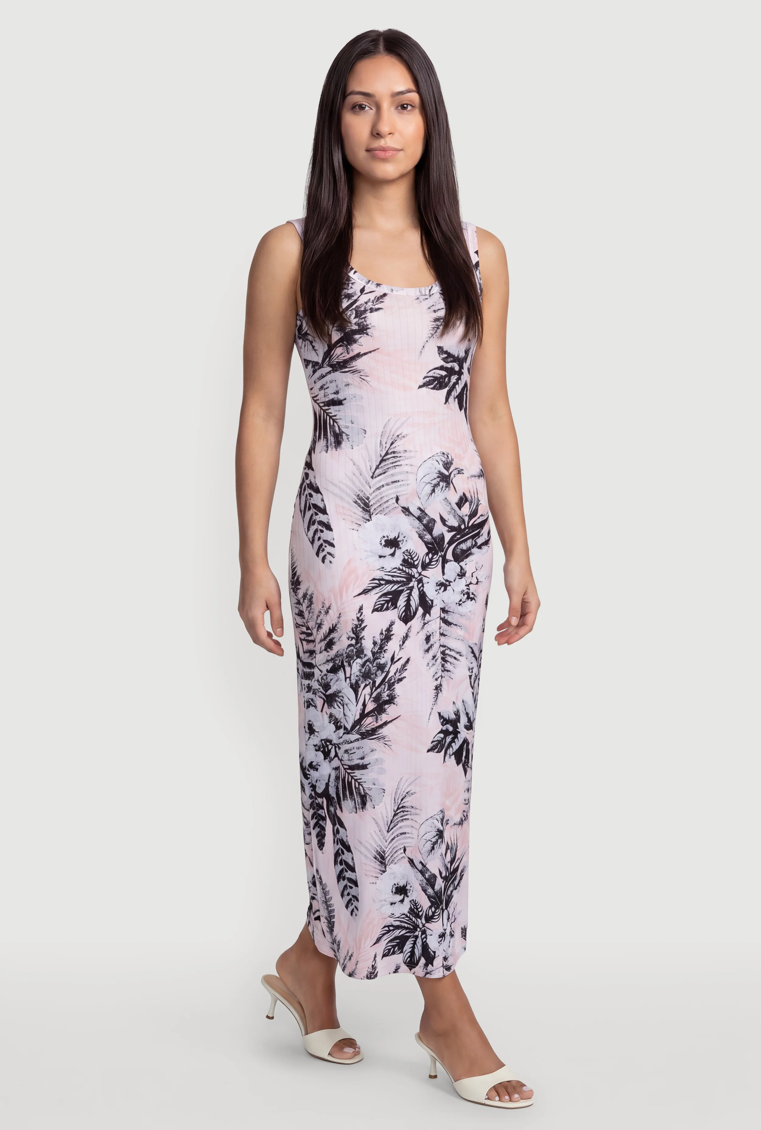 Floral Ribbed Knit Sleeveless Side Slit Dress