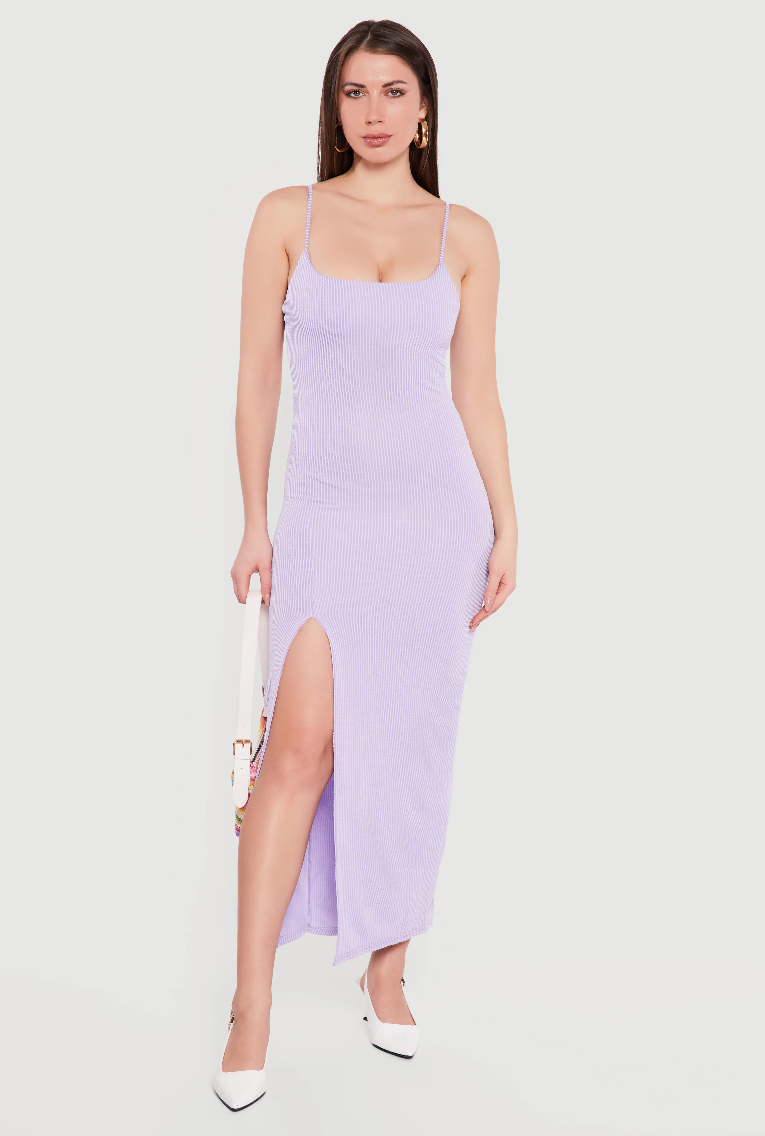 Ribbed Knit Front Slit Scoop Neck Dress