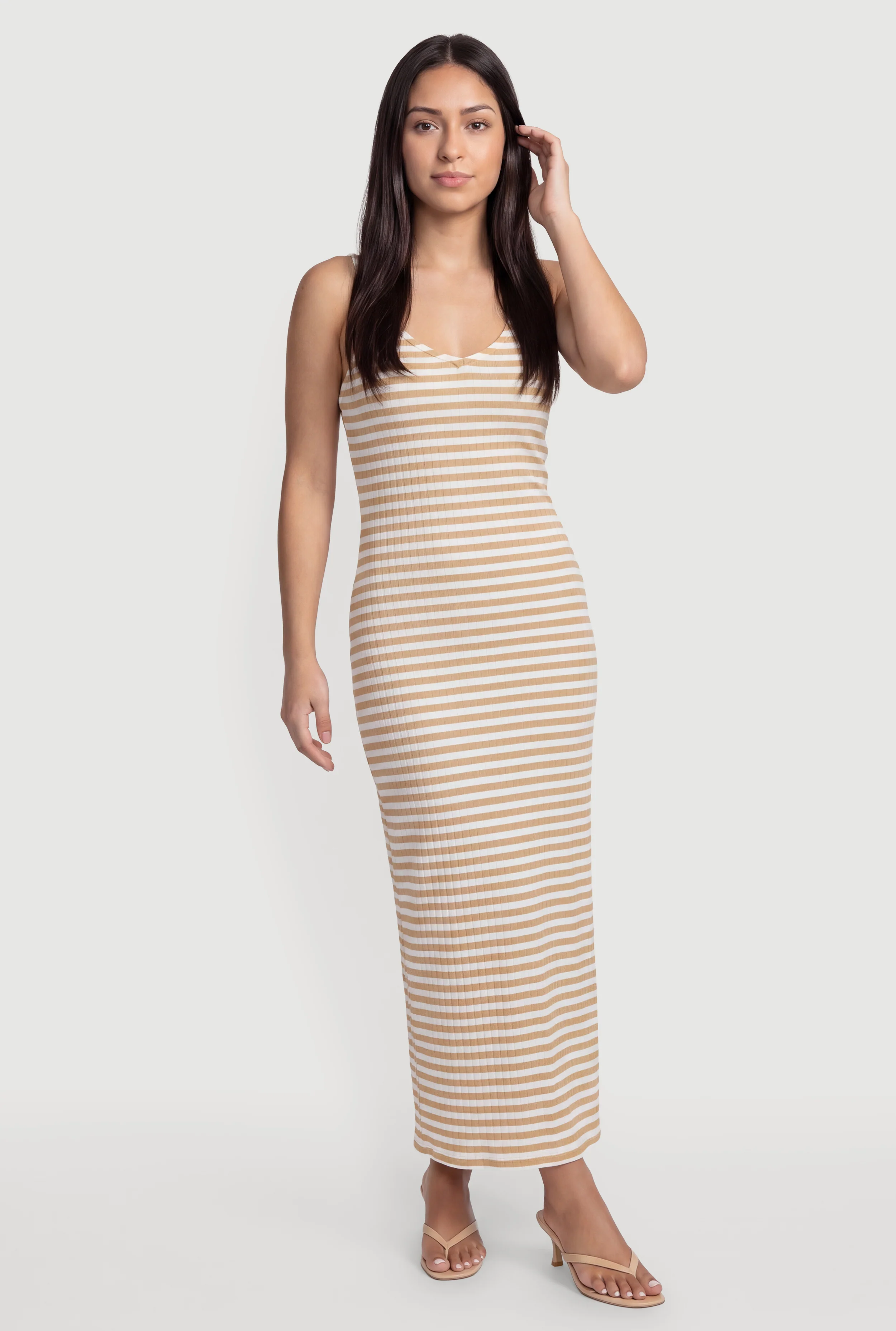 Striped V Neck Side Slit Maxi Dress