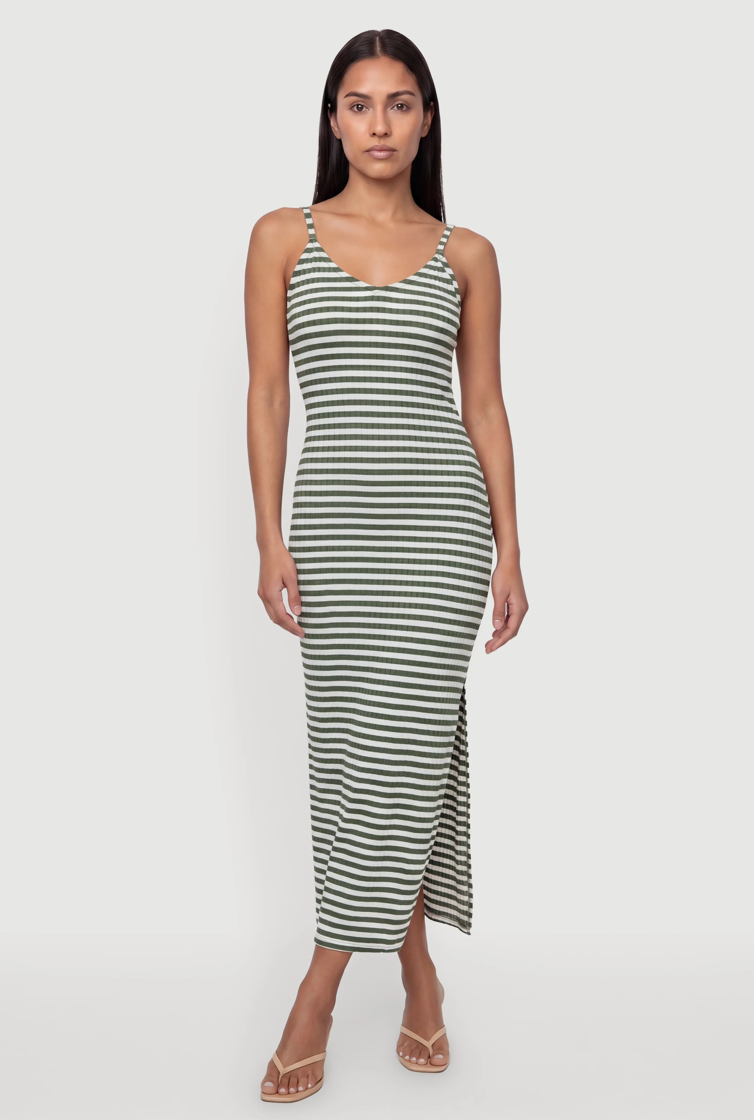 Striped V Neck Side Slit Maxi Dress