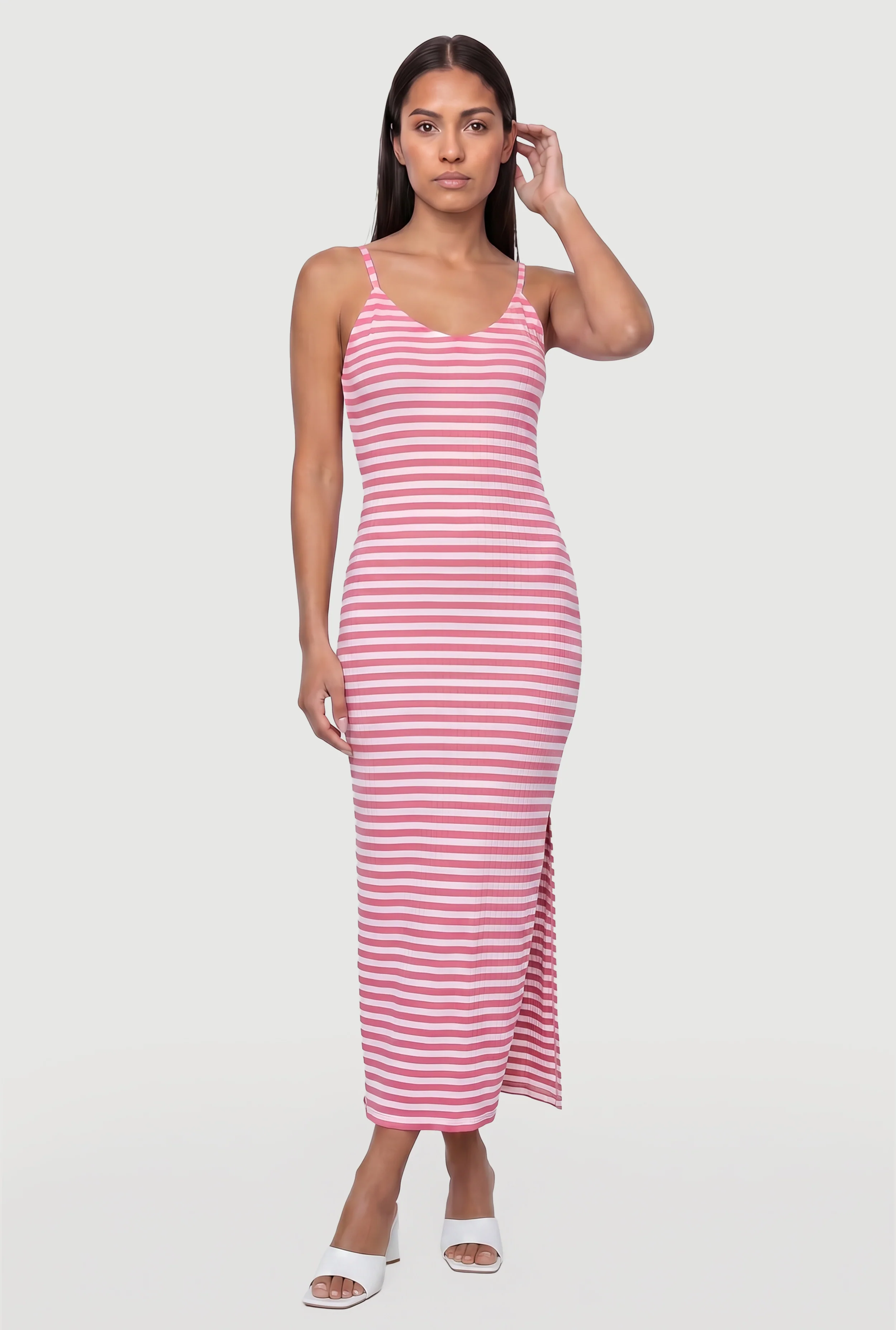 Striped V Neck Side Slit Maxi Dress