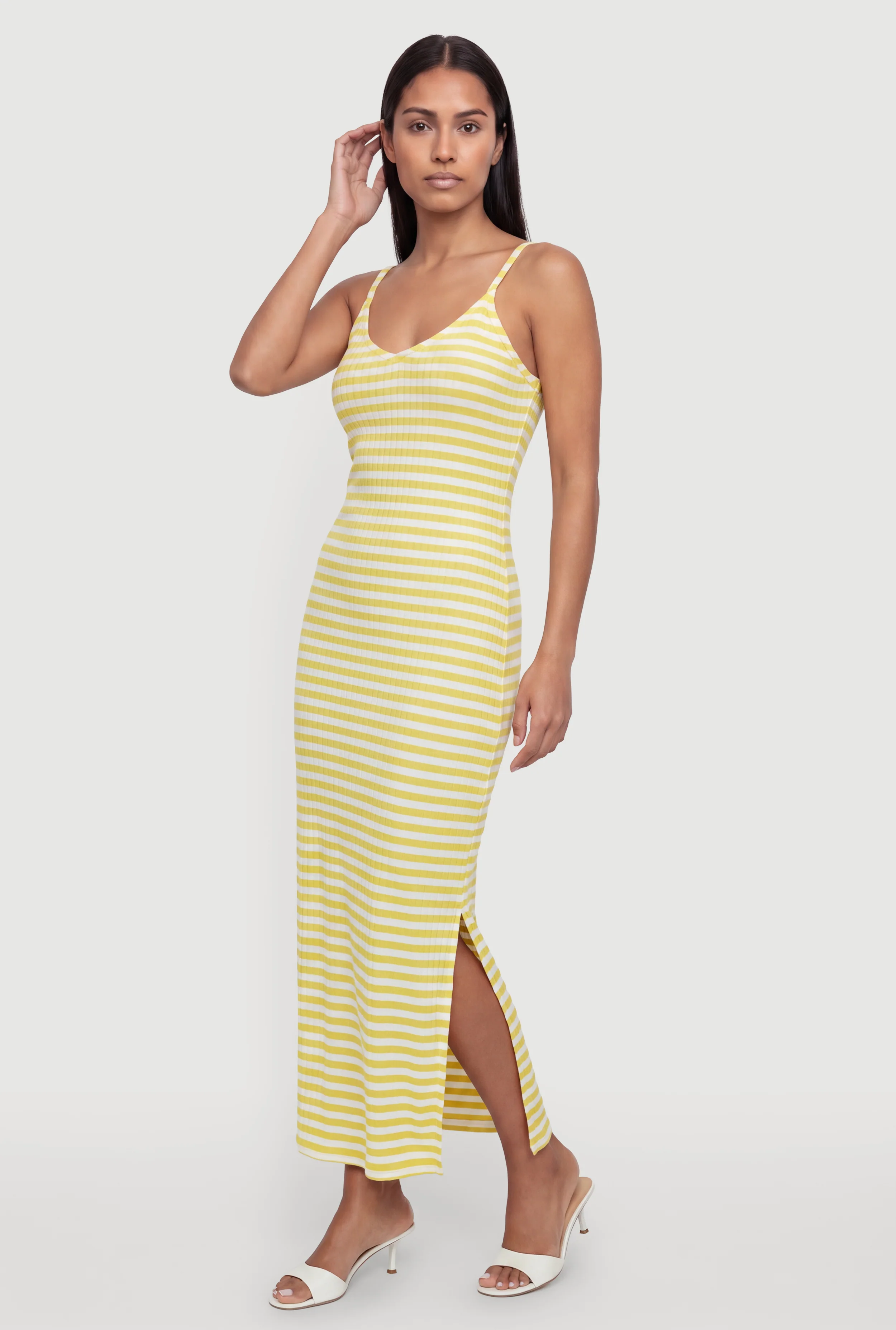 Striped V Neck Side Slit Maxi Dress