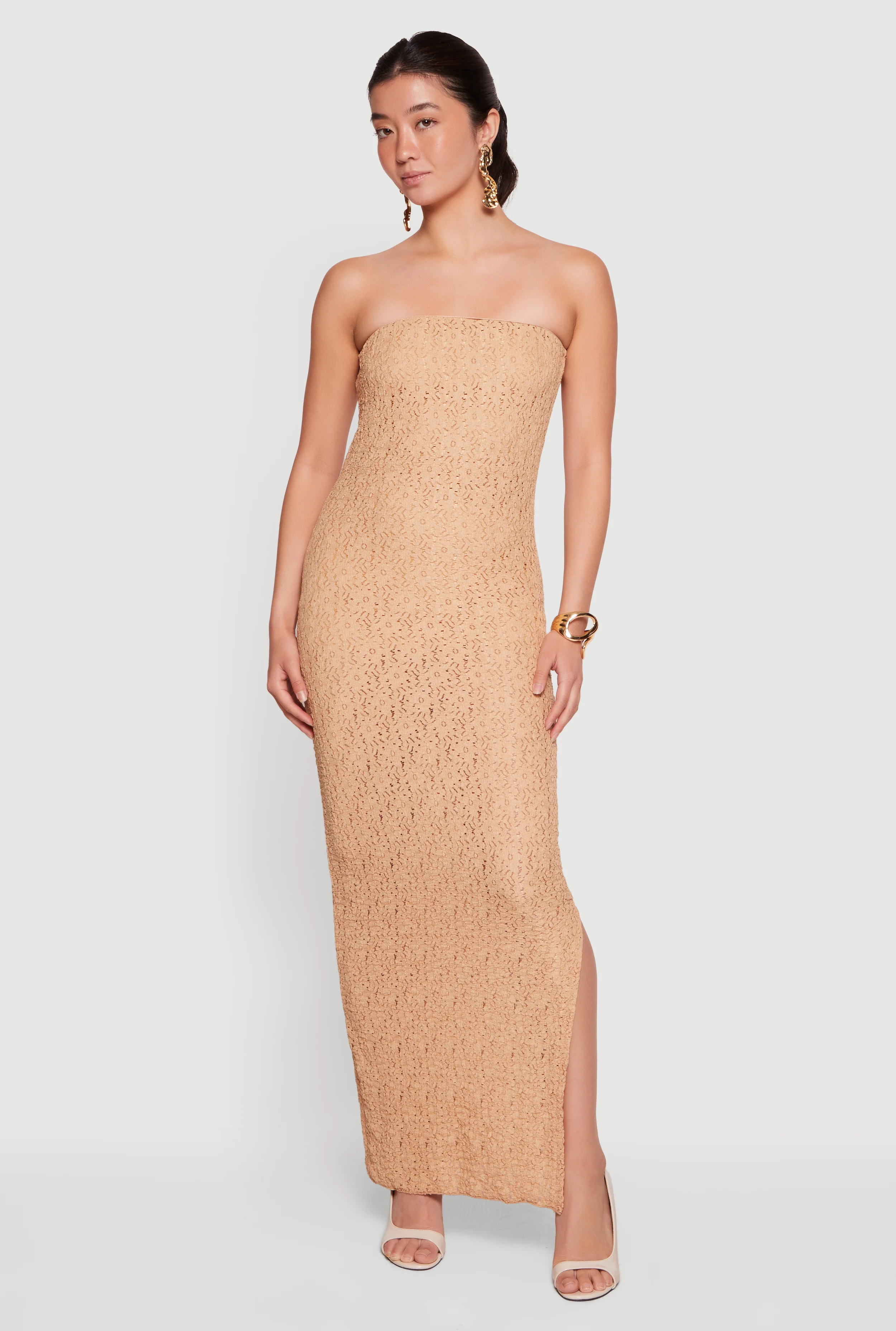 Textured Knit Side Slit Tube Maxi Dress