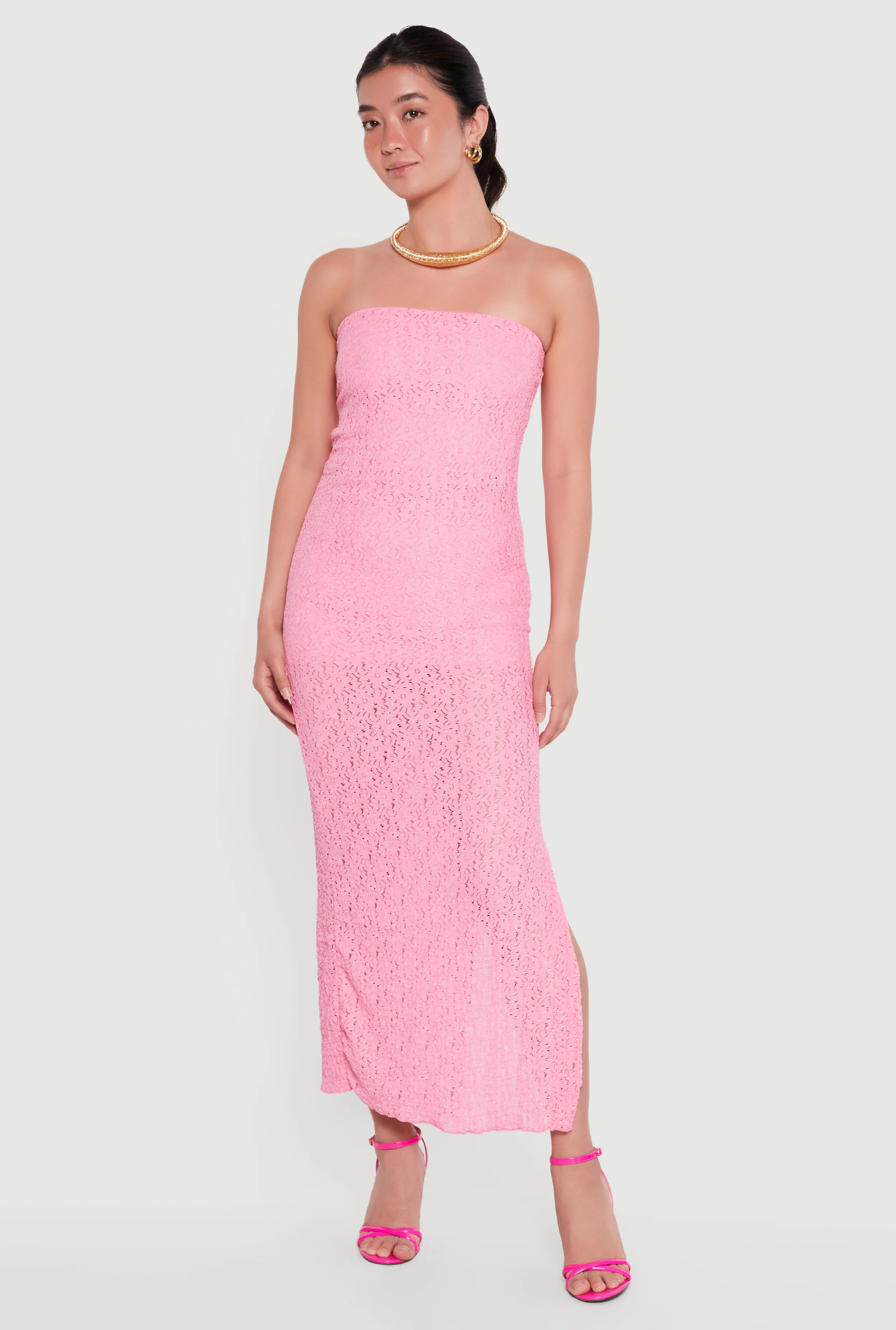 Textured Knit Side Slit Tube Maxi Dress