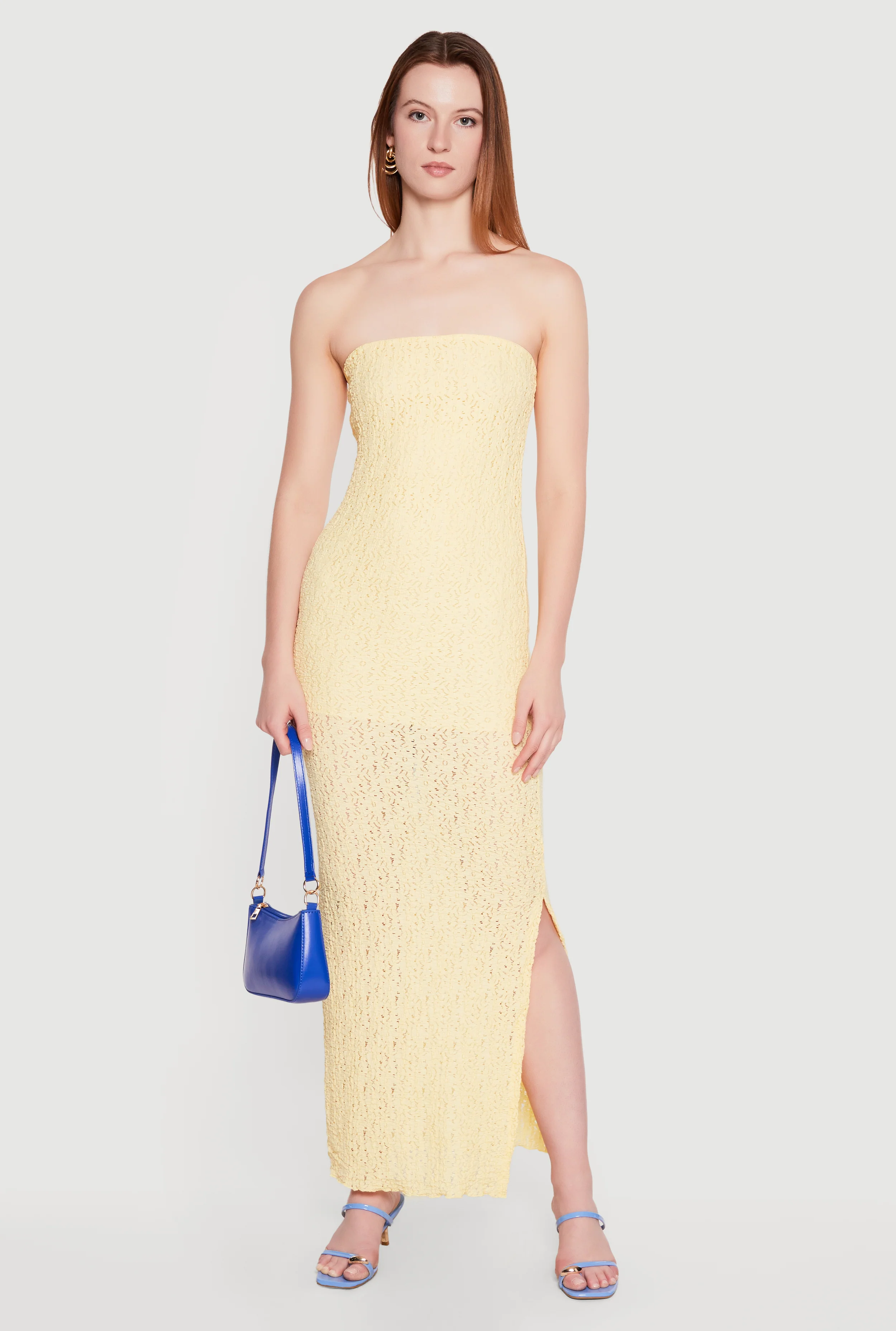 Textured Knit Side Slit Tube Maxi Dress