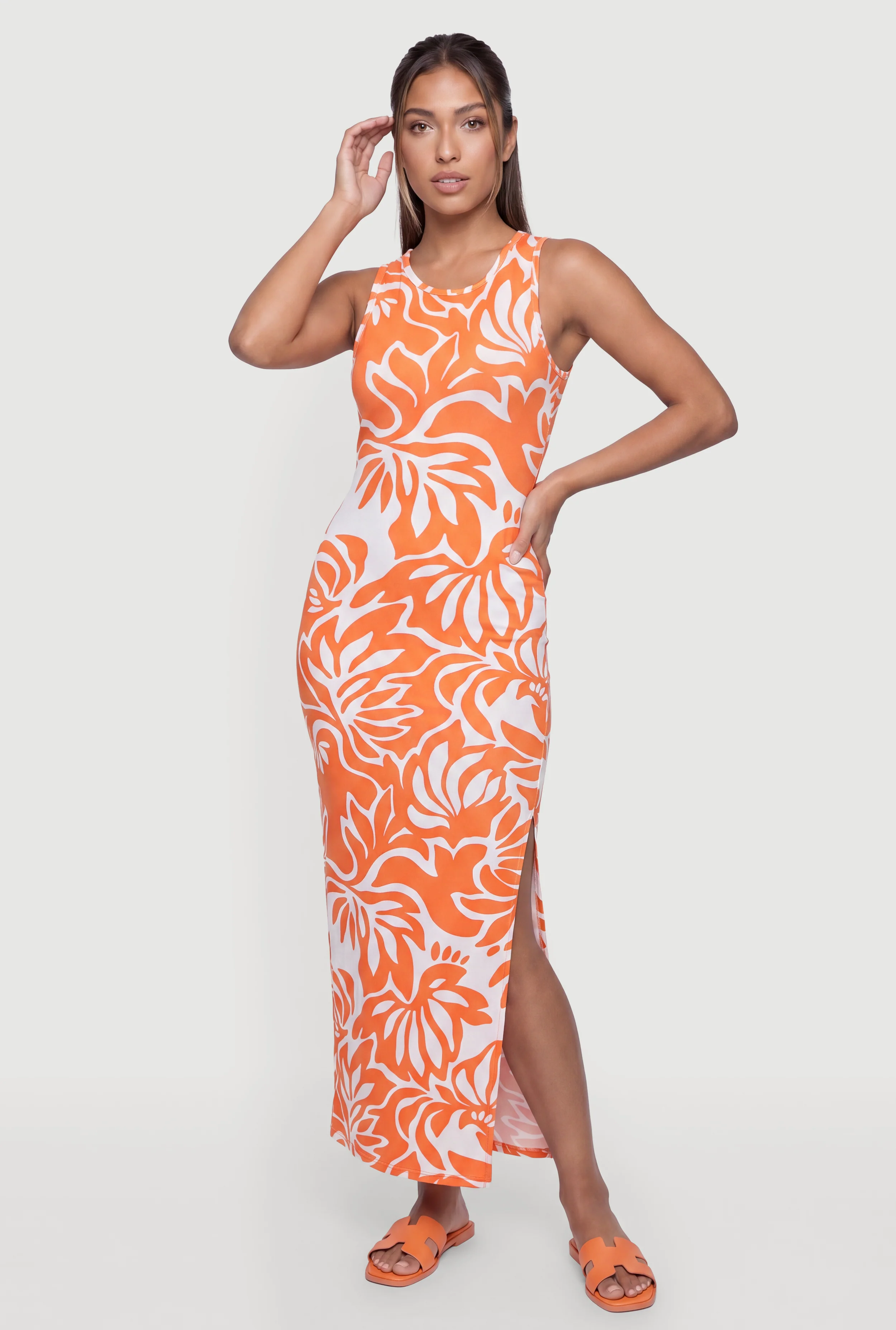 Floral Print Keyhole Back Side Slit Maxi Dress