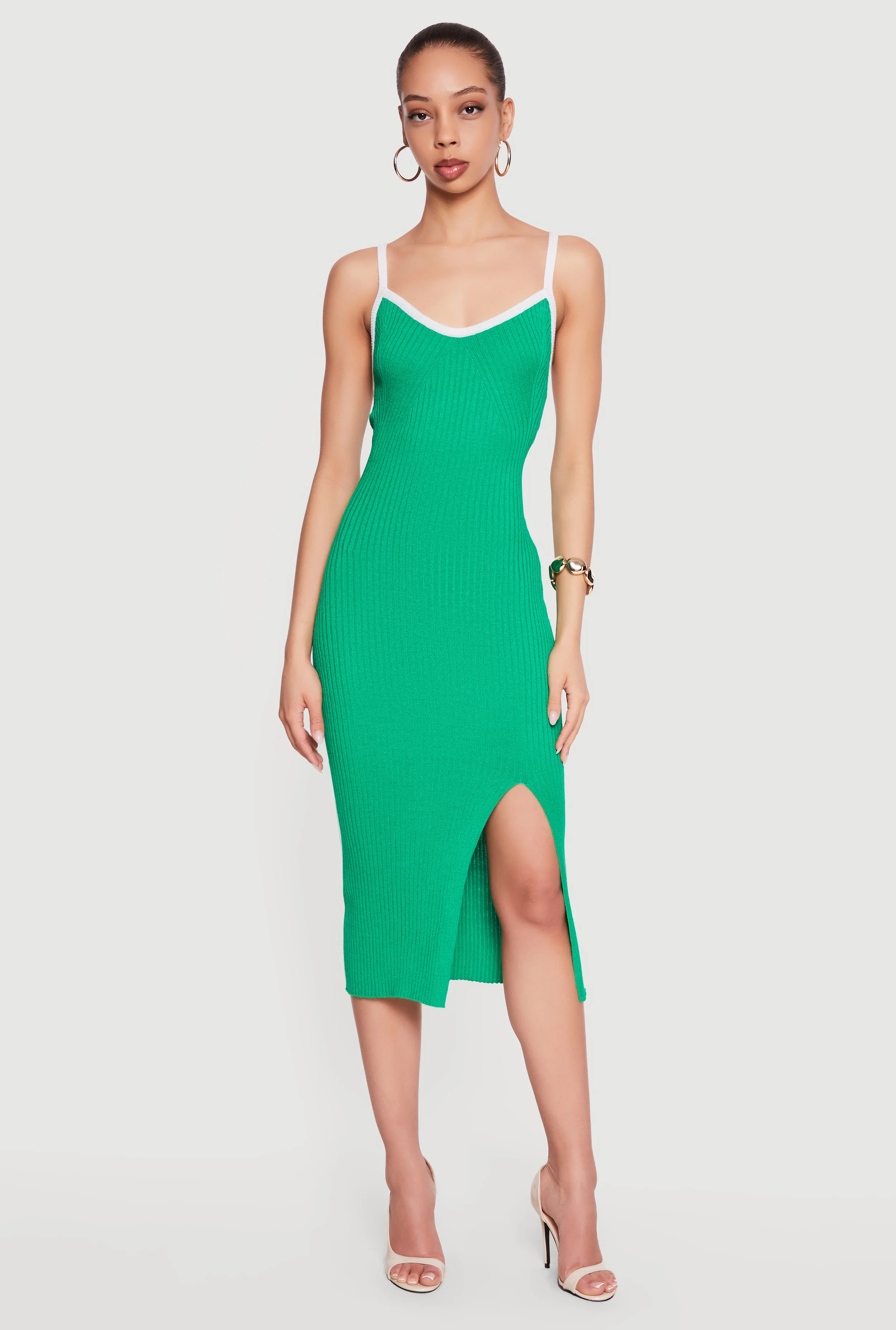 Contrast Trim Rib Knit Tie Back Keyhole Cami Midi Dress