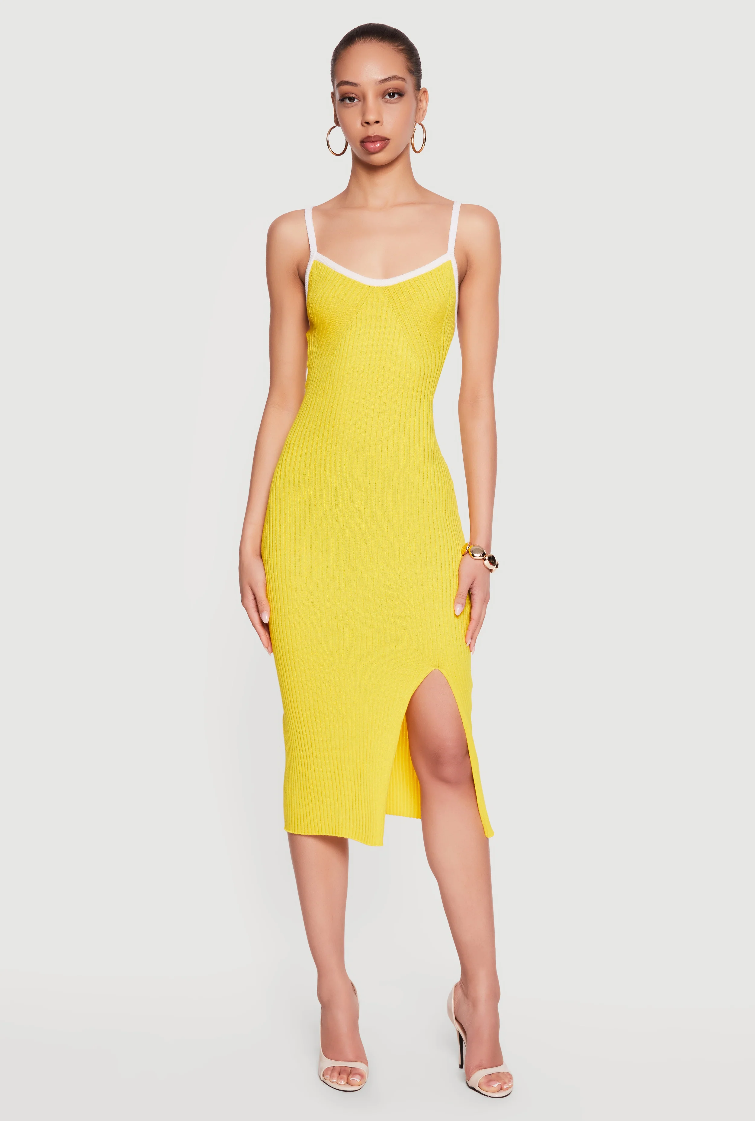 Contrast Trim Rib Knit Tie Back Keyhole Cami Midi Dress