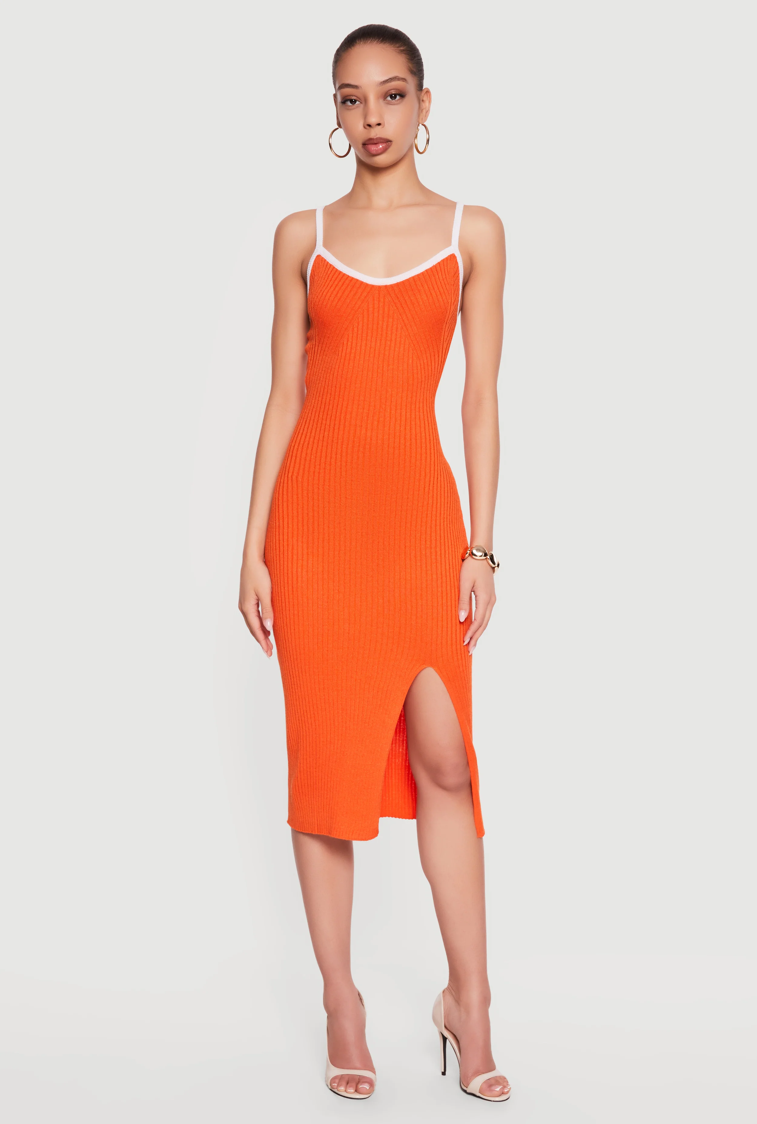 Contrast Trim Rib Knit Tie Back Keyhole Cami Midi Dress