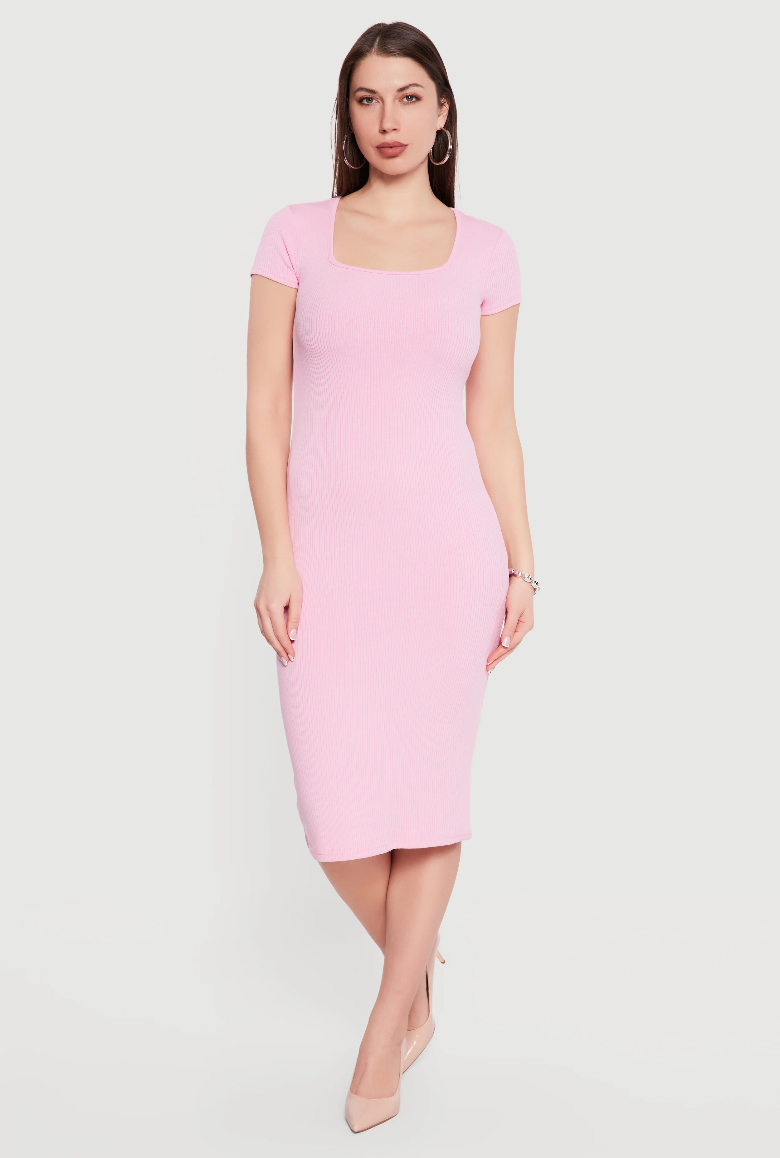 Rib Knit Short Sleeve Square Neck Midi Dress