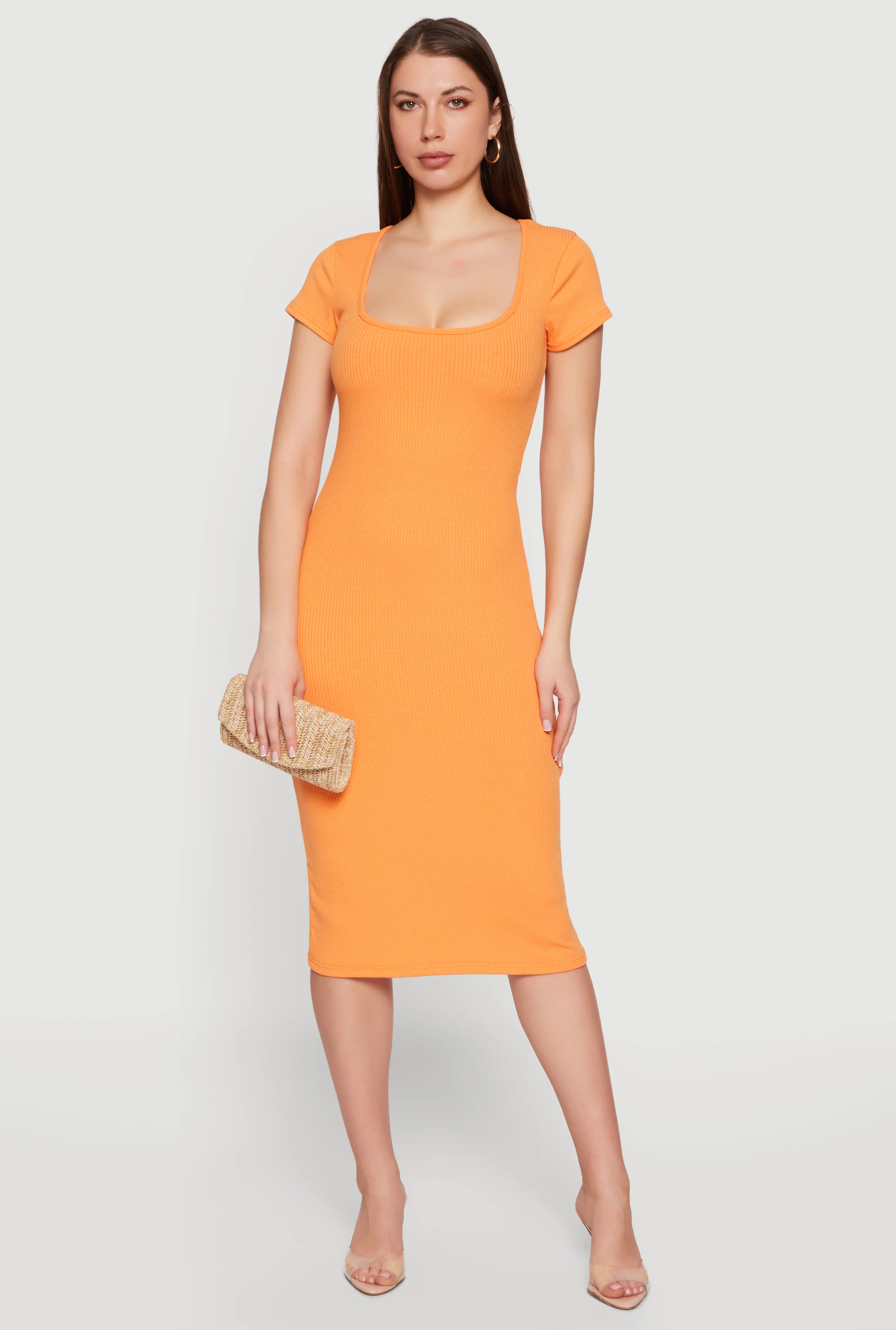 Rib Knit Short Sleeve Square Neck Midi Dress