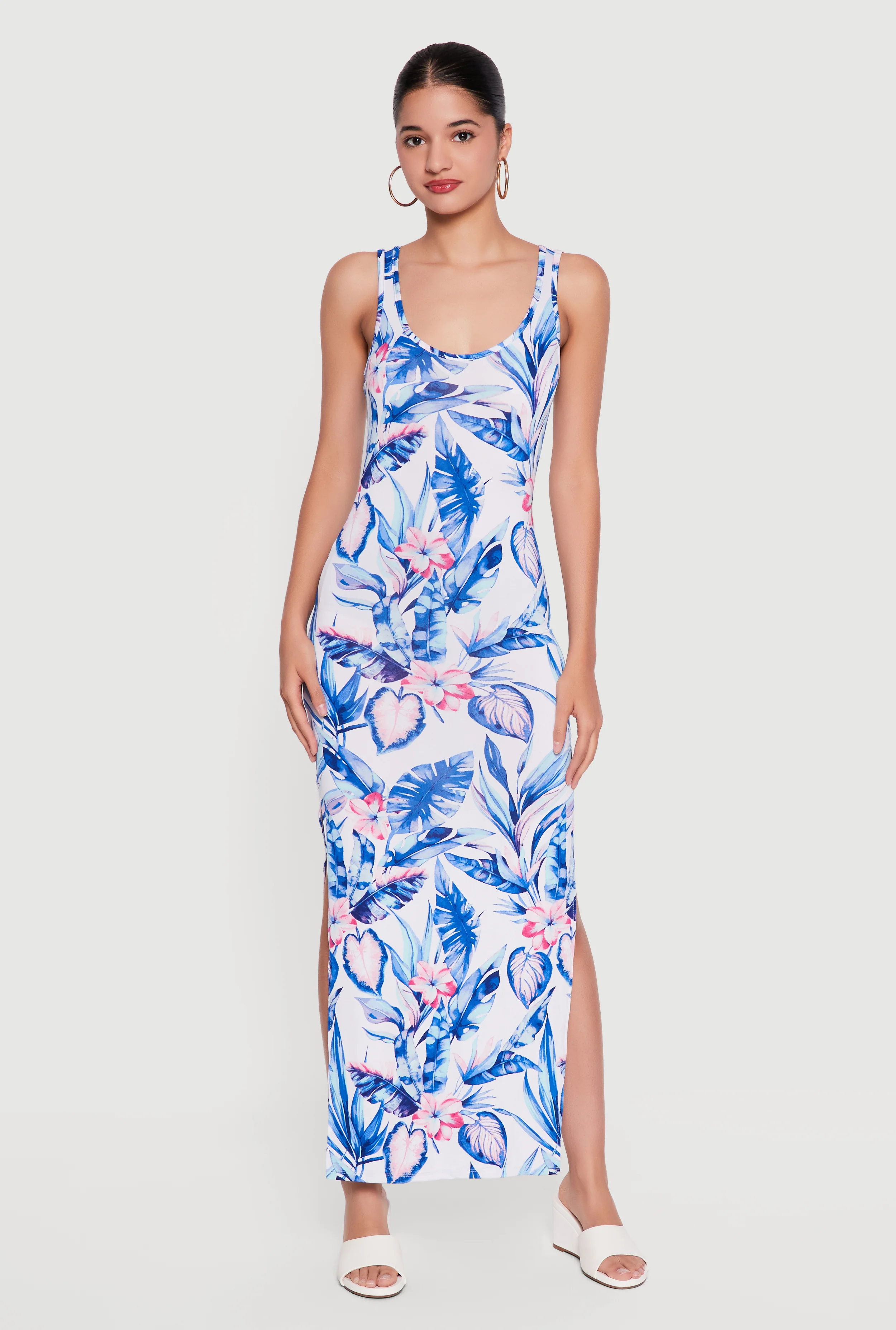 Floral Sleeveless Scoop Neck Side Slit Maxi Dress