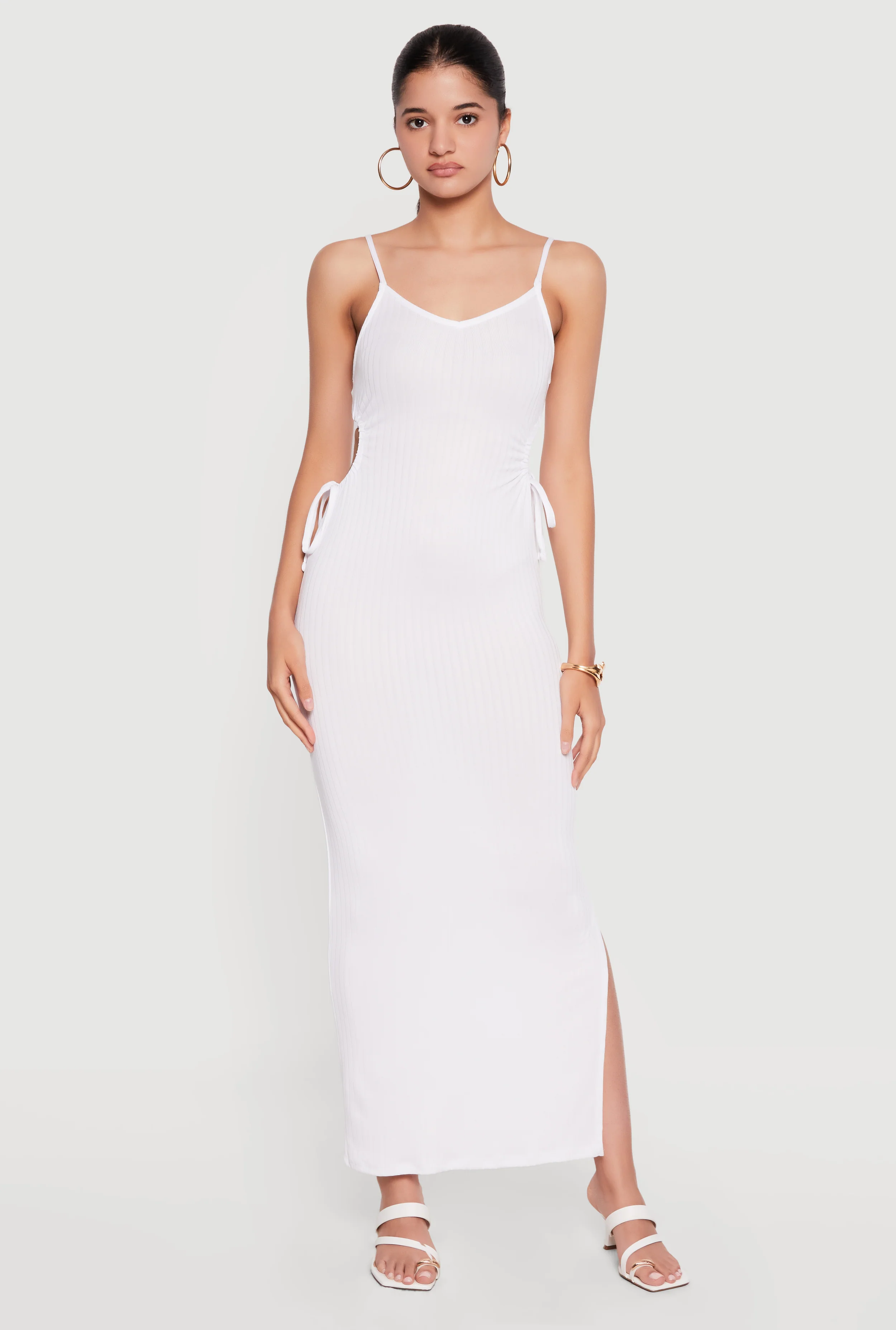 Ribbed Knit Drawstring Keyhole Detail Side Slit Maxi Dress