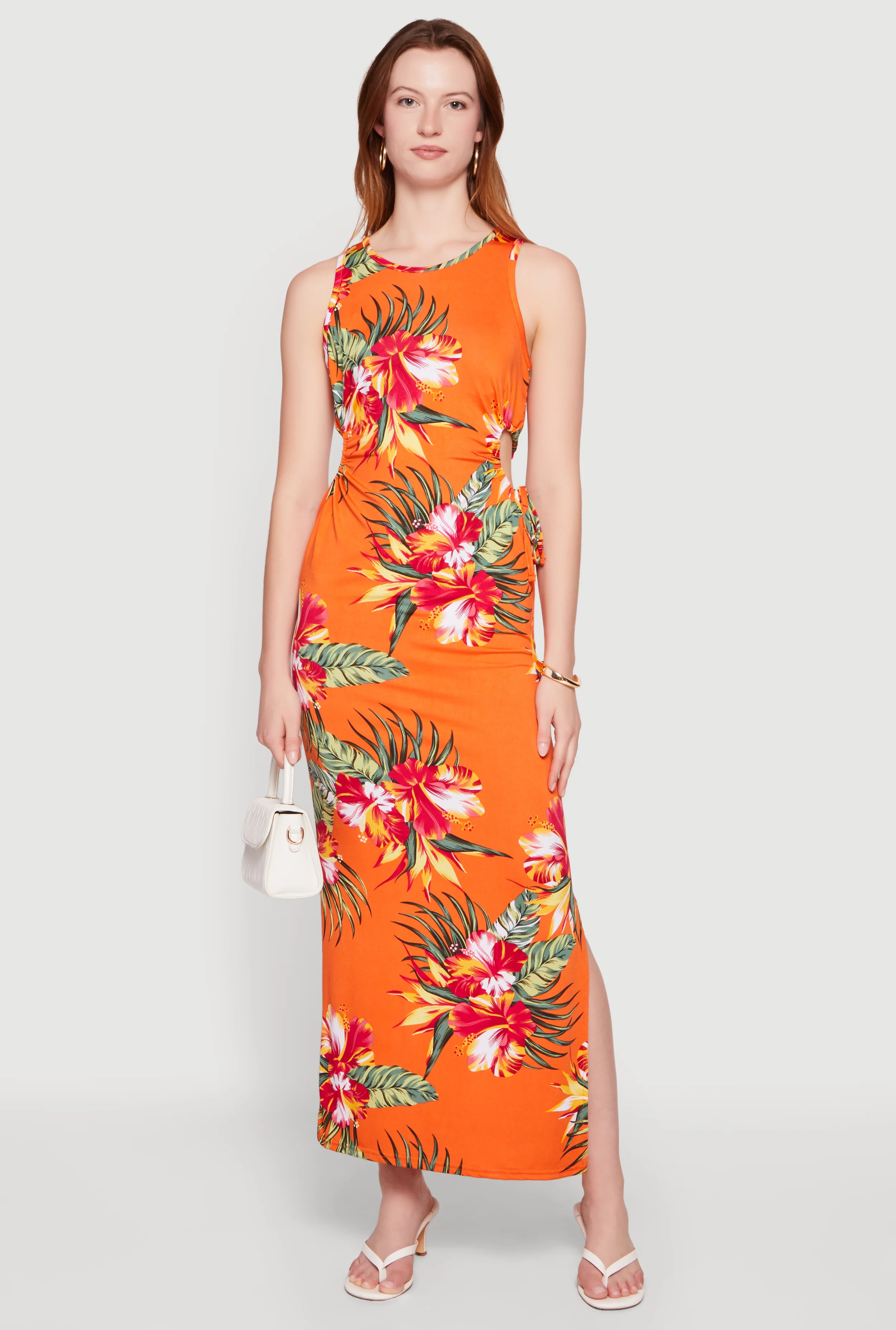 Floral Drawstring Side Detail Side Slit Maxi Dress