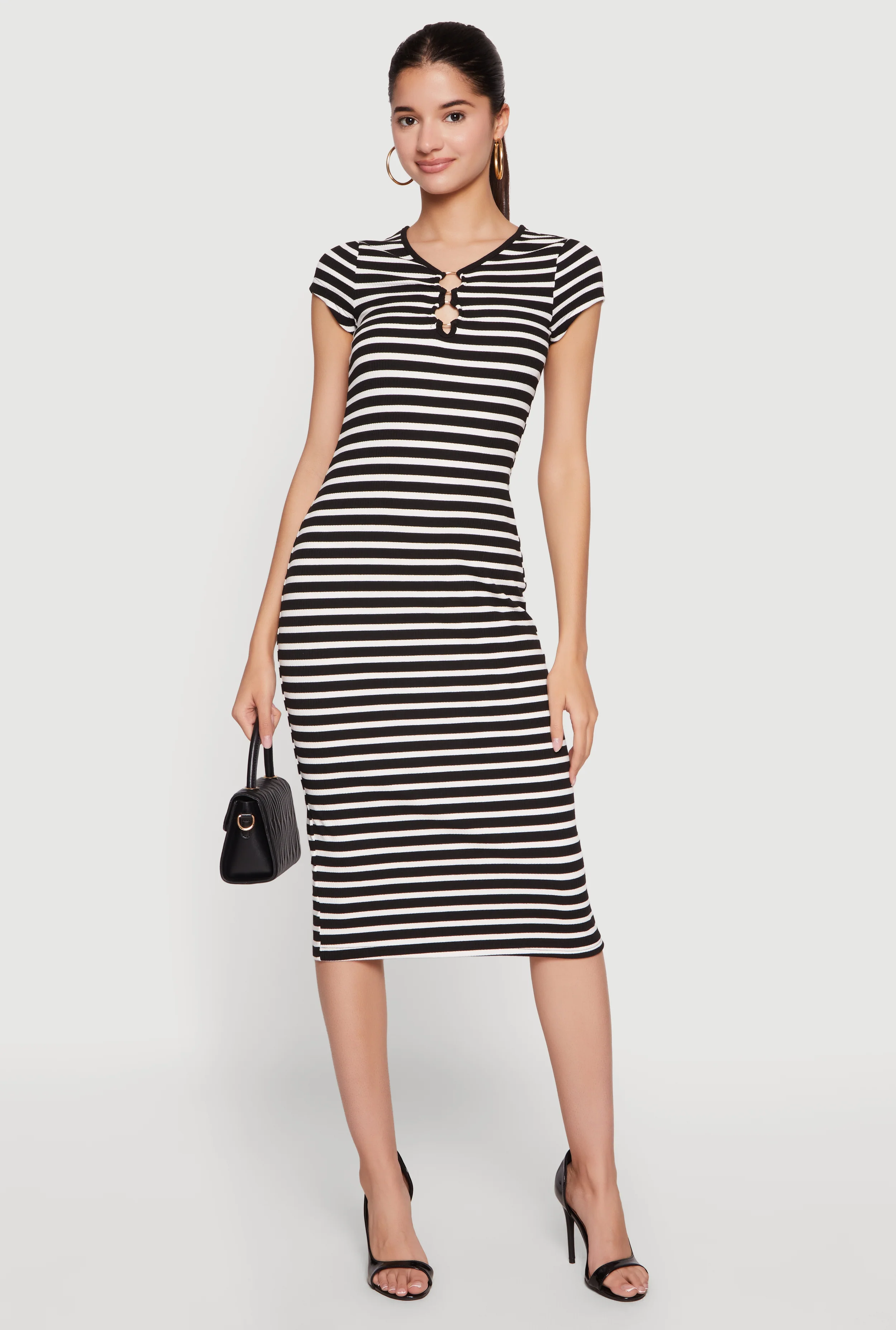 O Ring Cut Out Striped Midi Dress