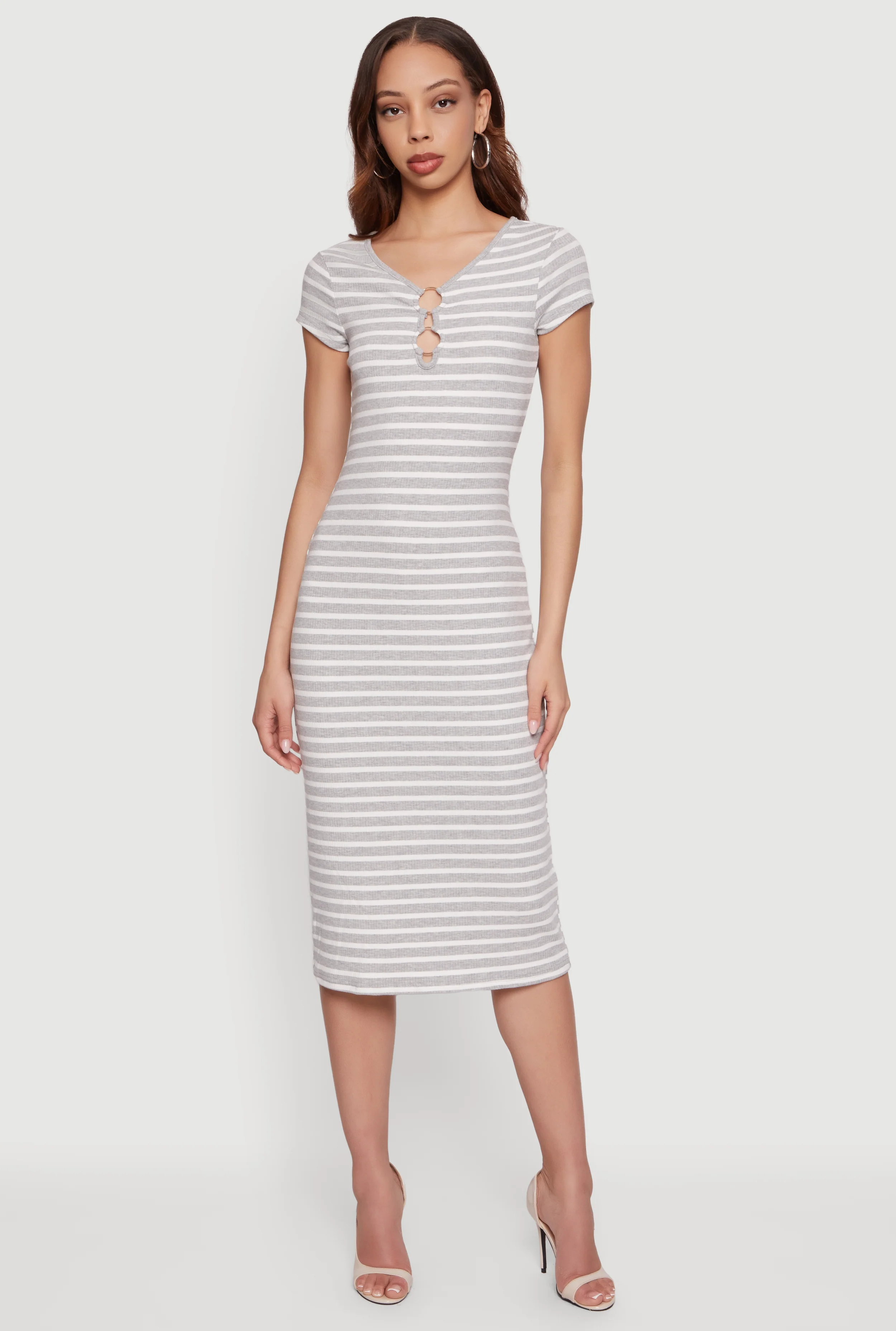 O Ring Cut Out Striped Midi Dress