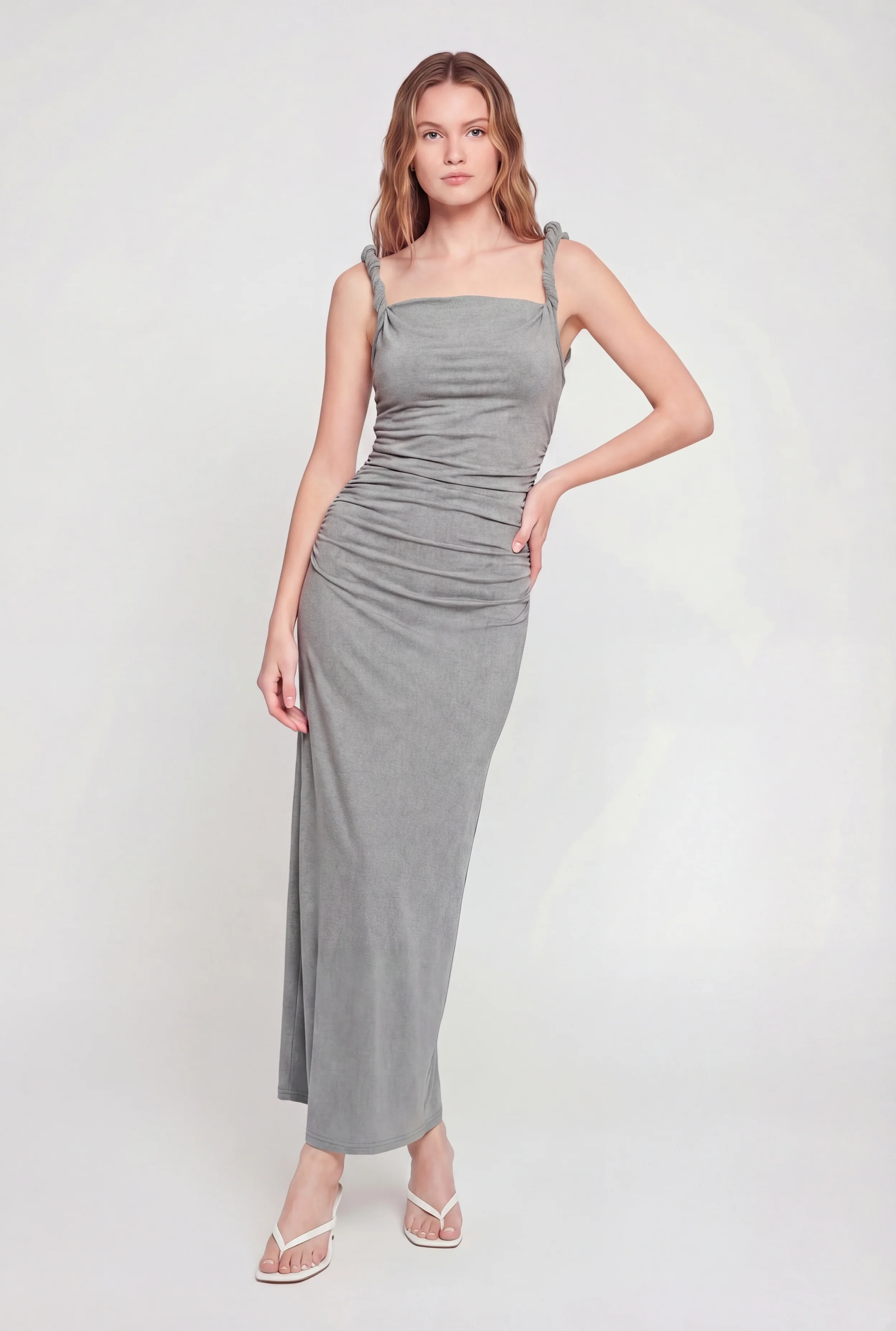 Twisted Strap Sleeveless Ruched Maxi Dress