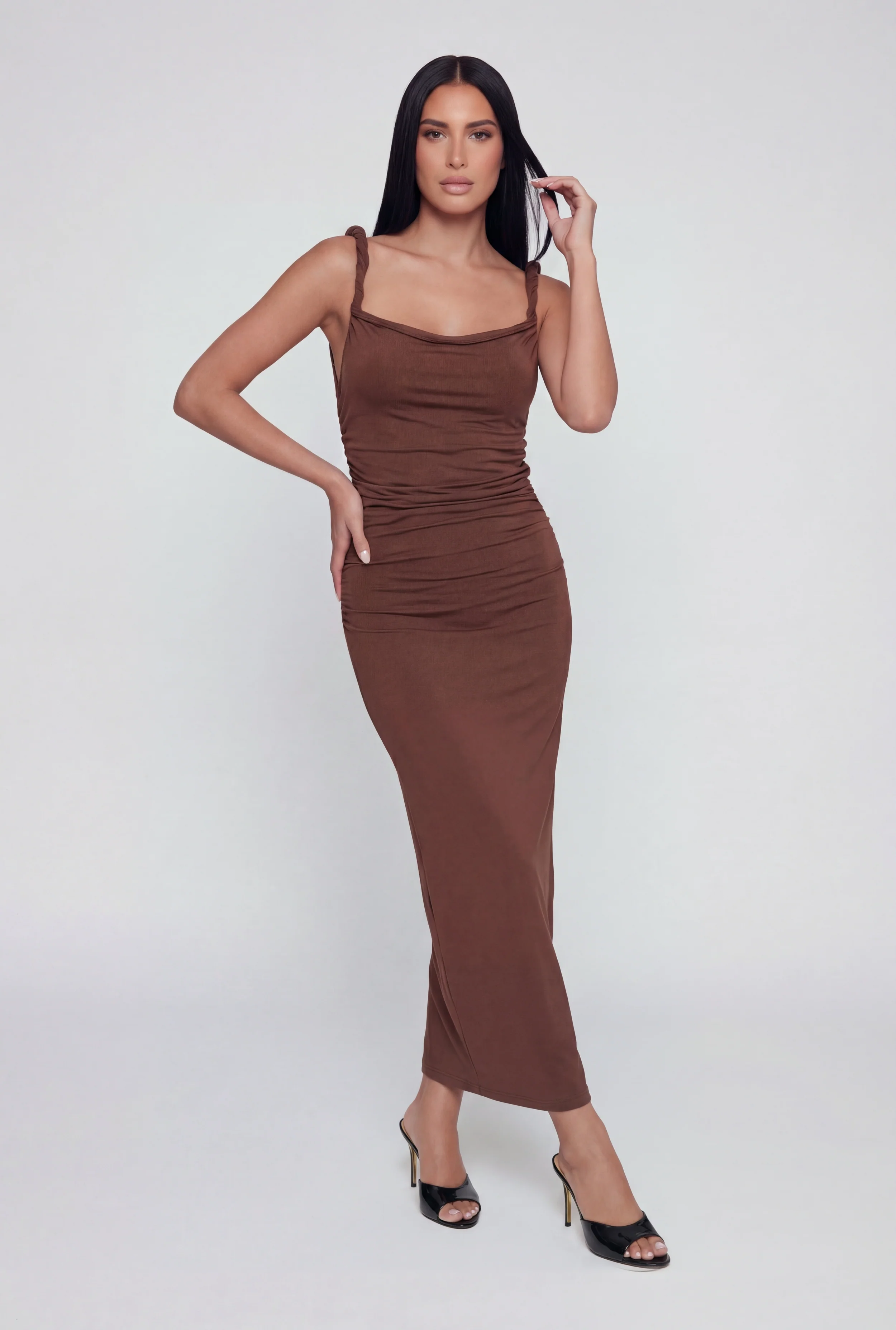 Twisted Strap Sleeveless Ruched Maxi Dress