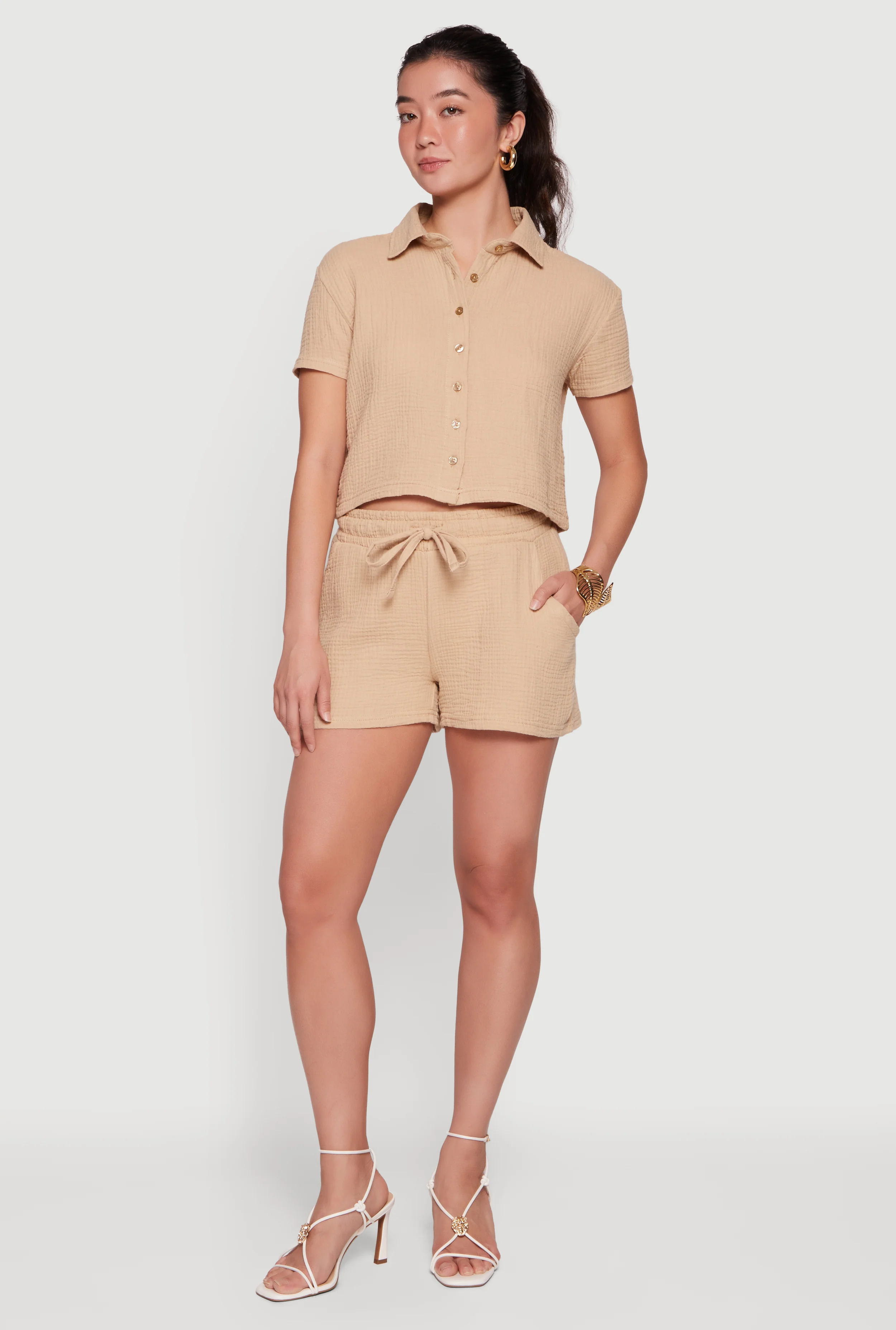 Gauze Knit Short Sleeve Button Front Shirt and Shorts