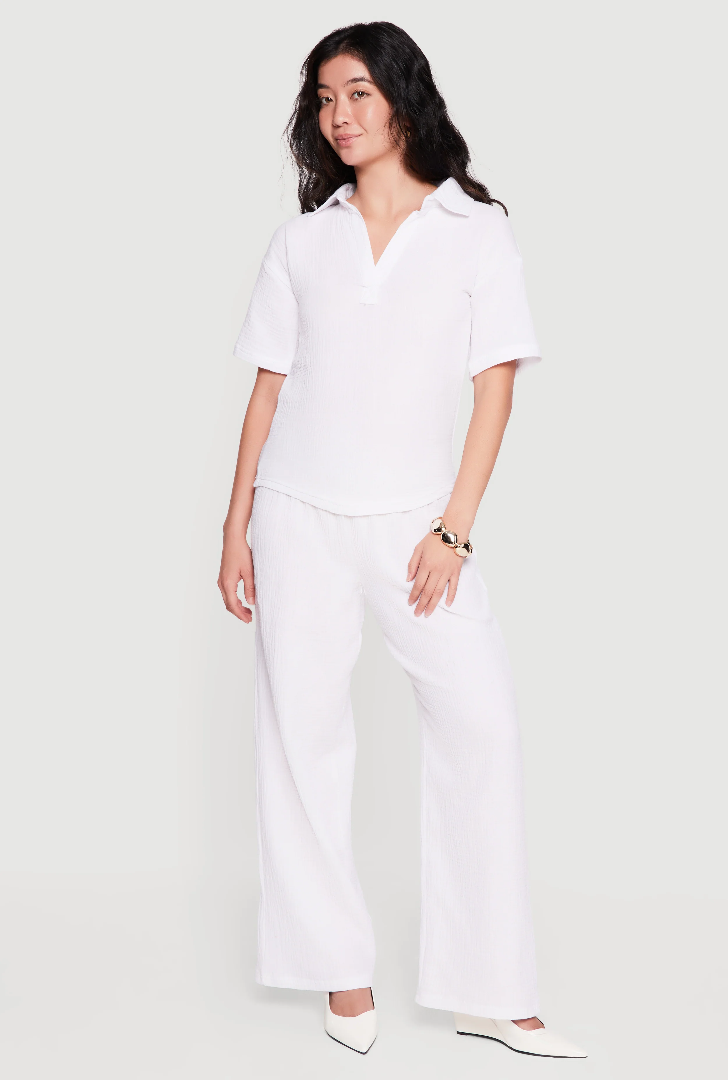 Solid Johnny Collar Gauze Knit Shirt and Pants Set