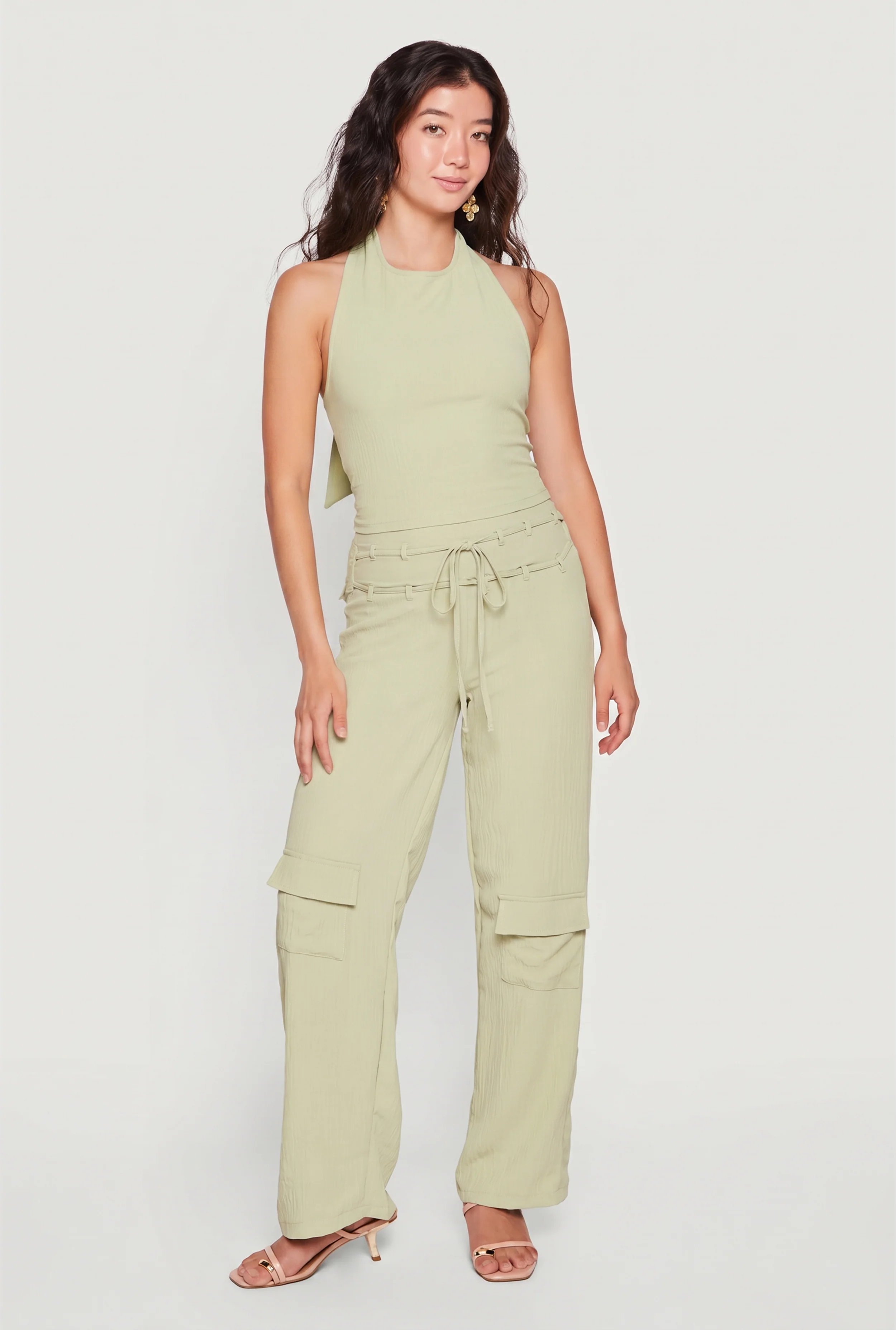Cropped Halter Top and Tie Front Detail Pull On Pants