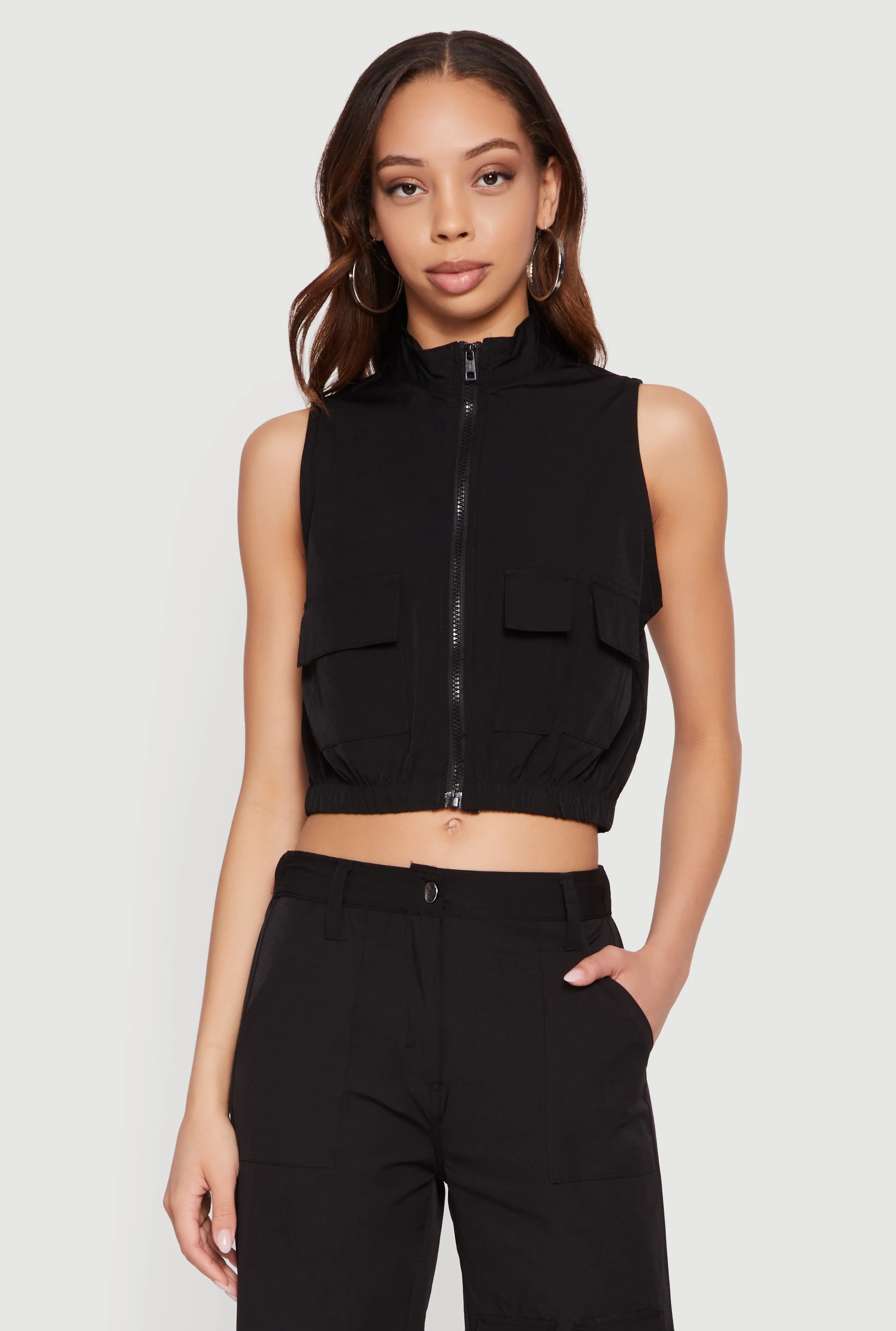 Nylon Cropped Zip Front Windbreaker Vest