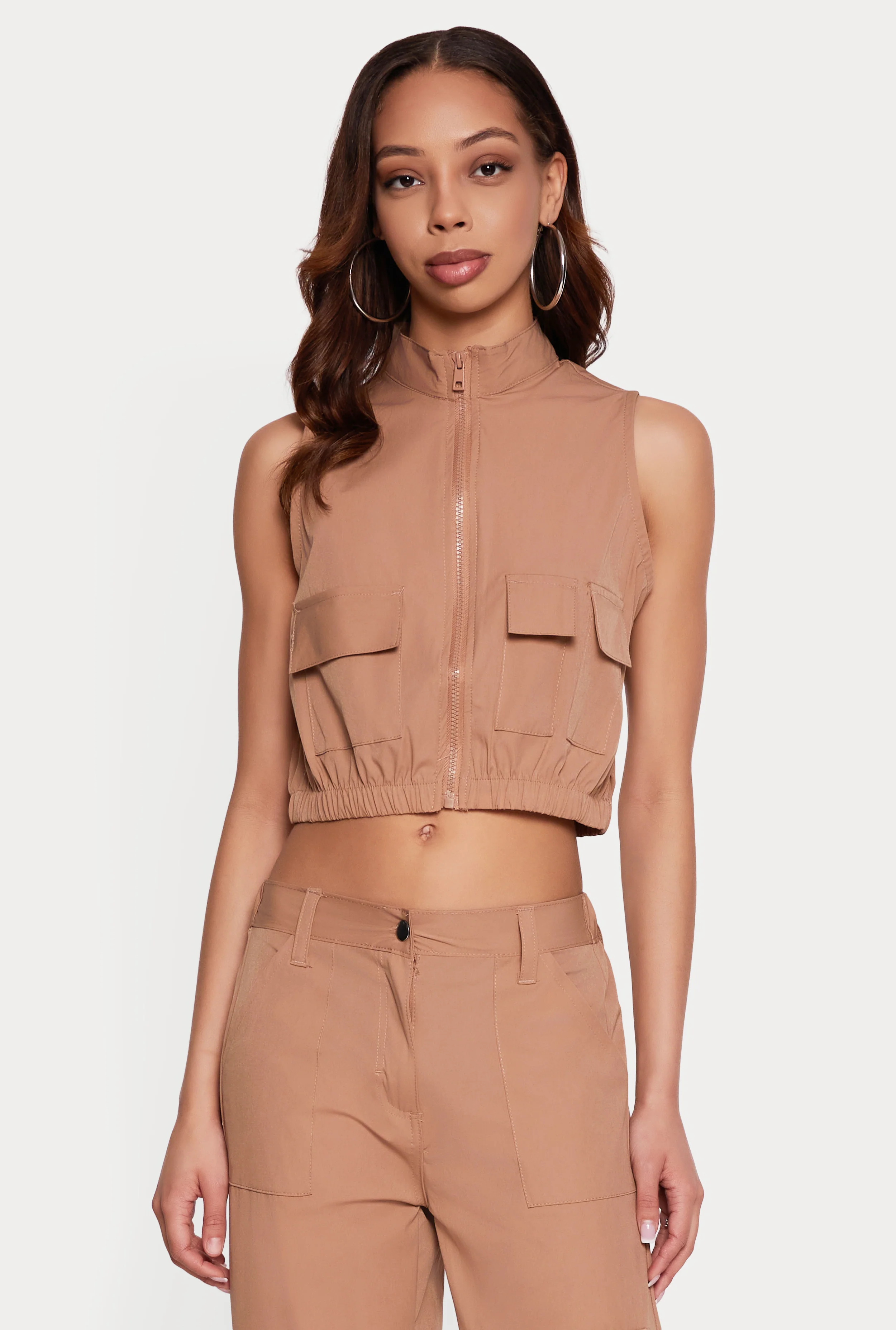 Nylon Cropped Zip Front Windbreaker Vest