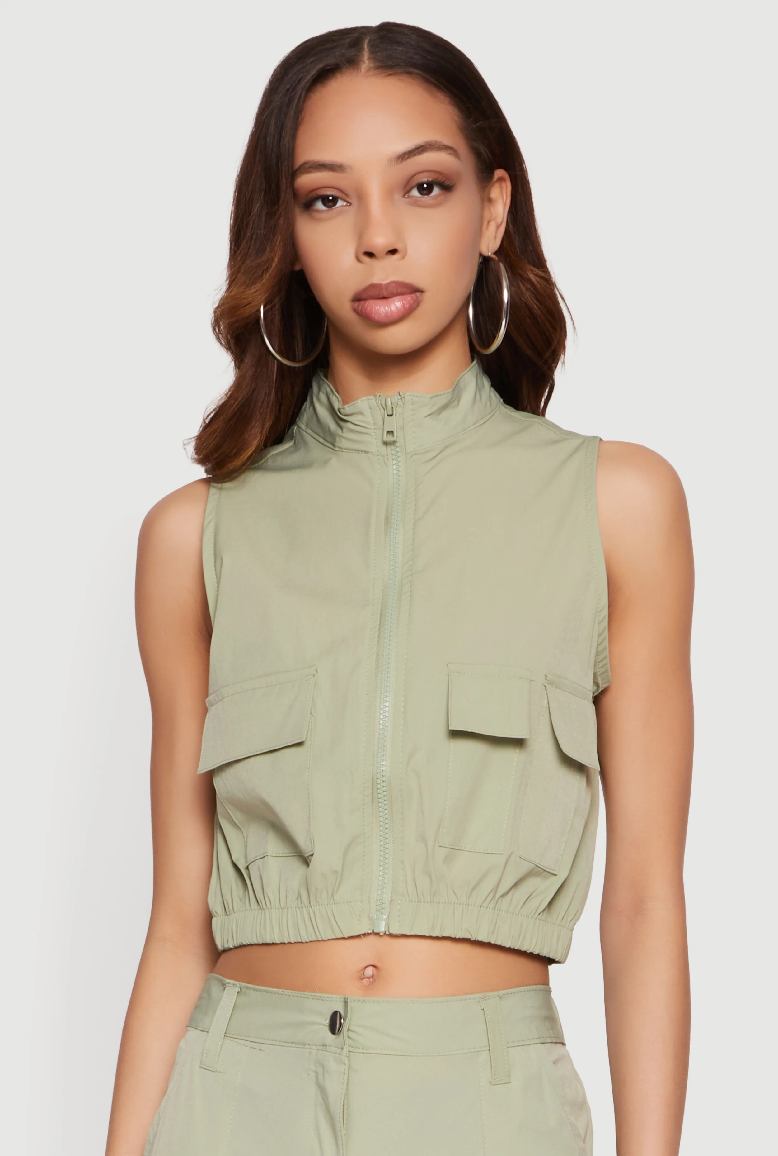 Nylon Cropped Zip Front Windbreaker Vest