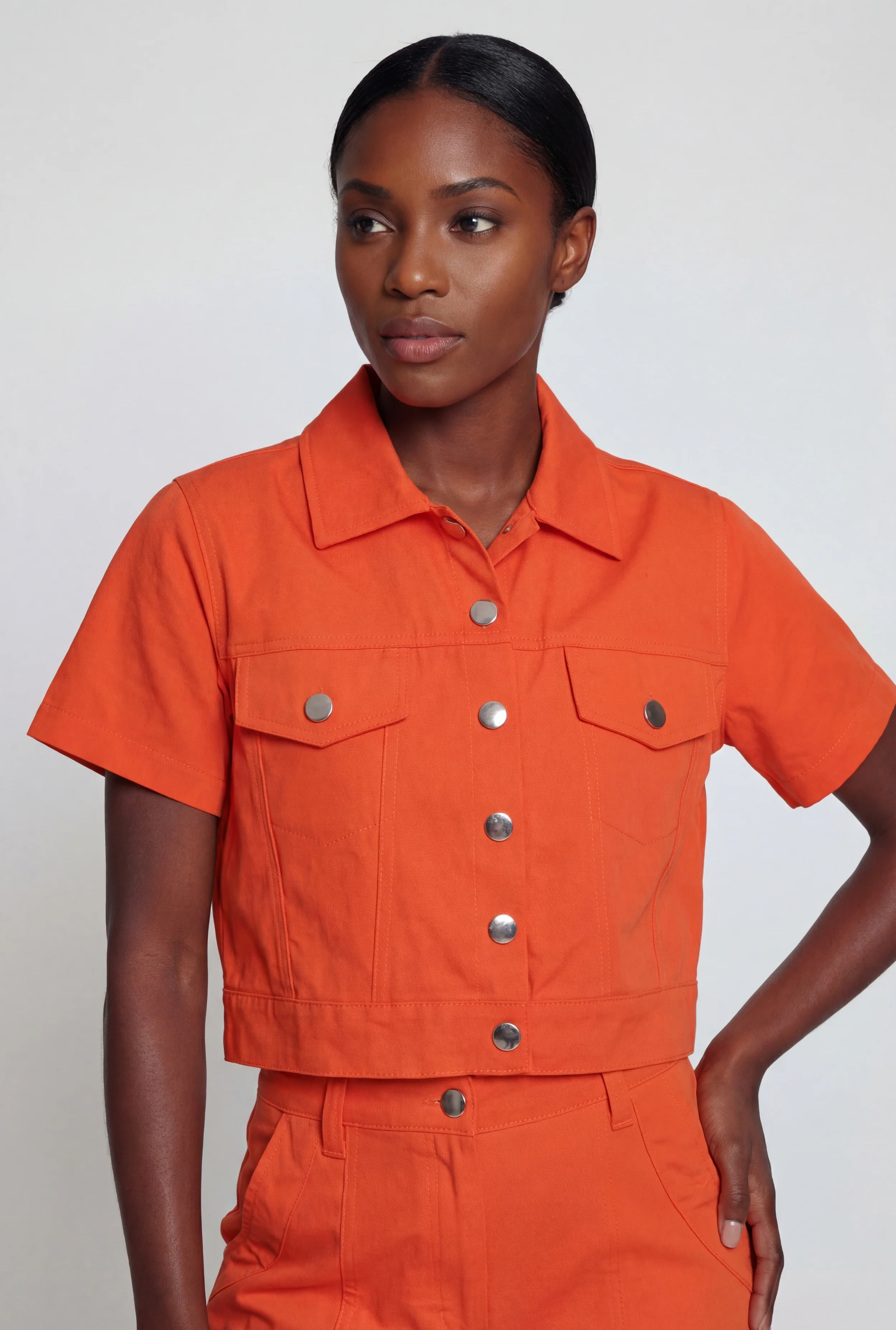Nylon Short Sleeve Cropped Button Front Shirt