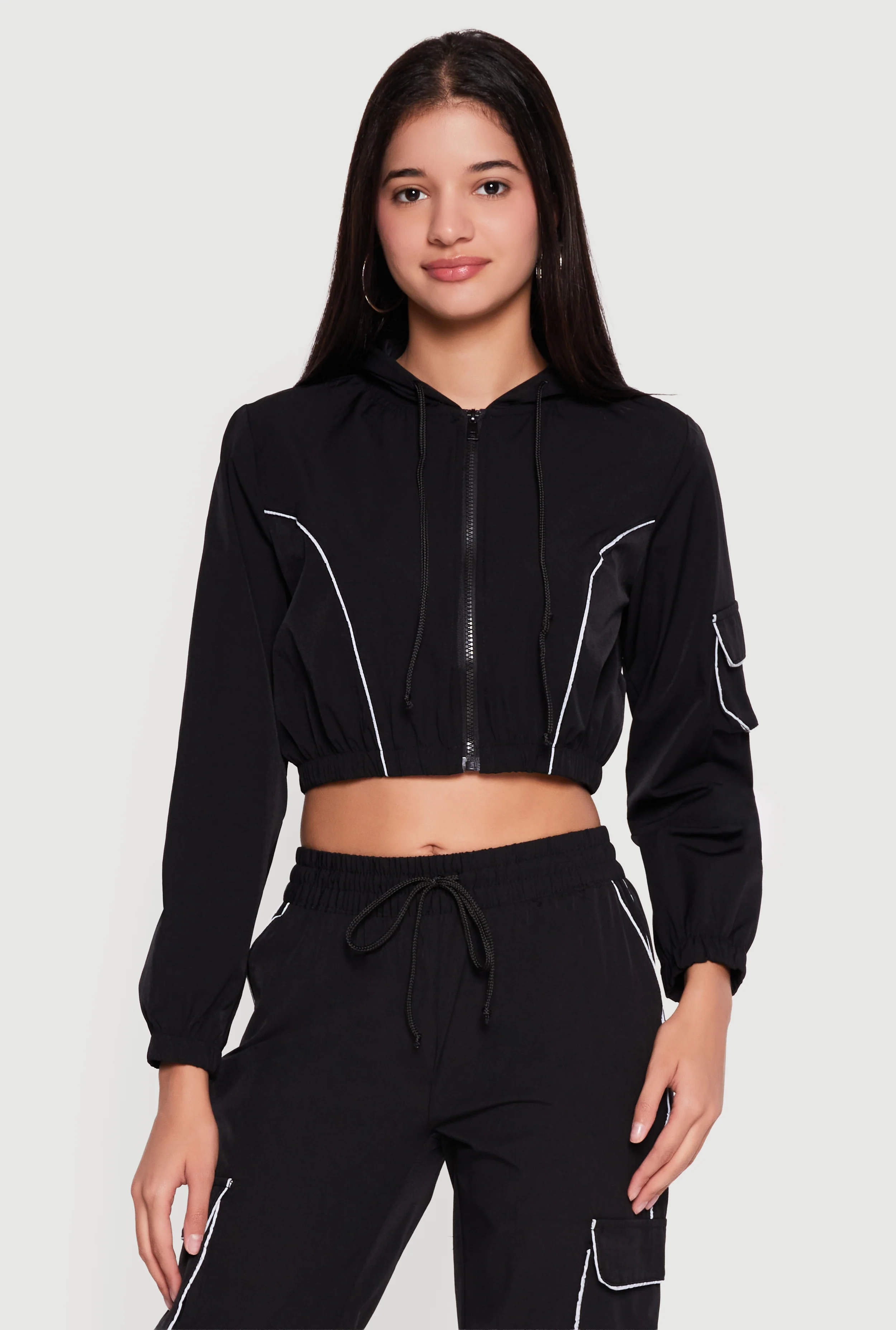 Nylon Cropped Zip Front Hooded Jacket