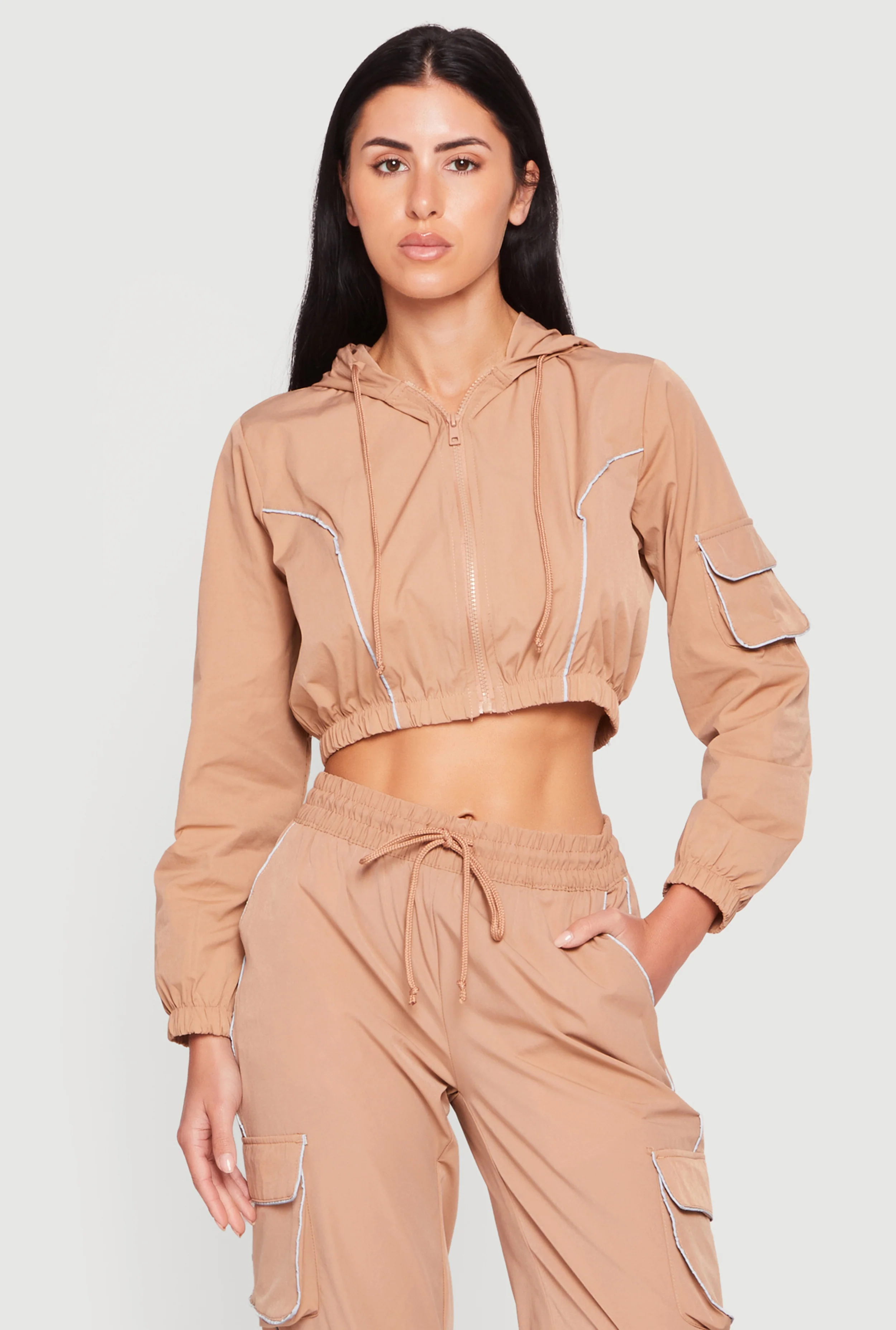 Nylon Cropped Zip Front Hooded Jacket
