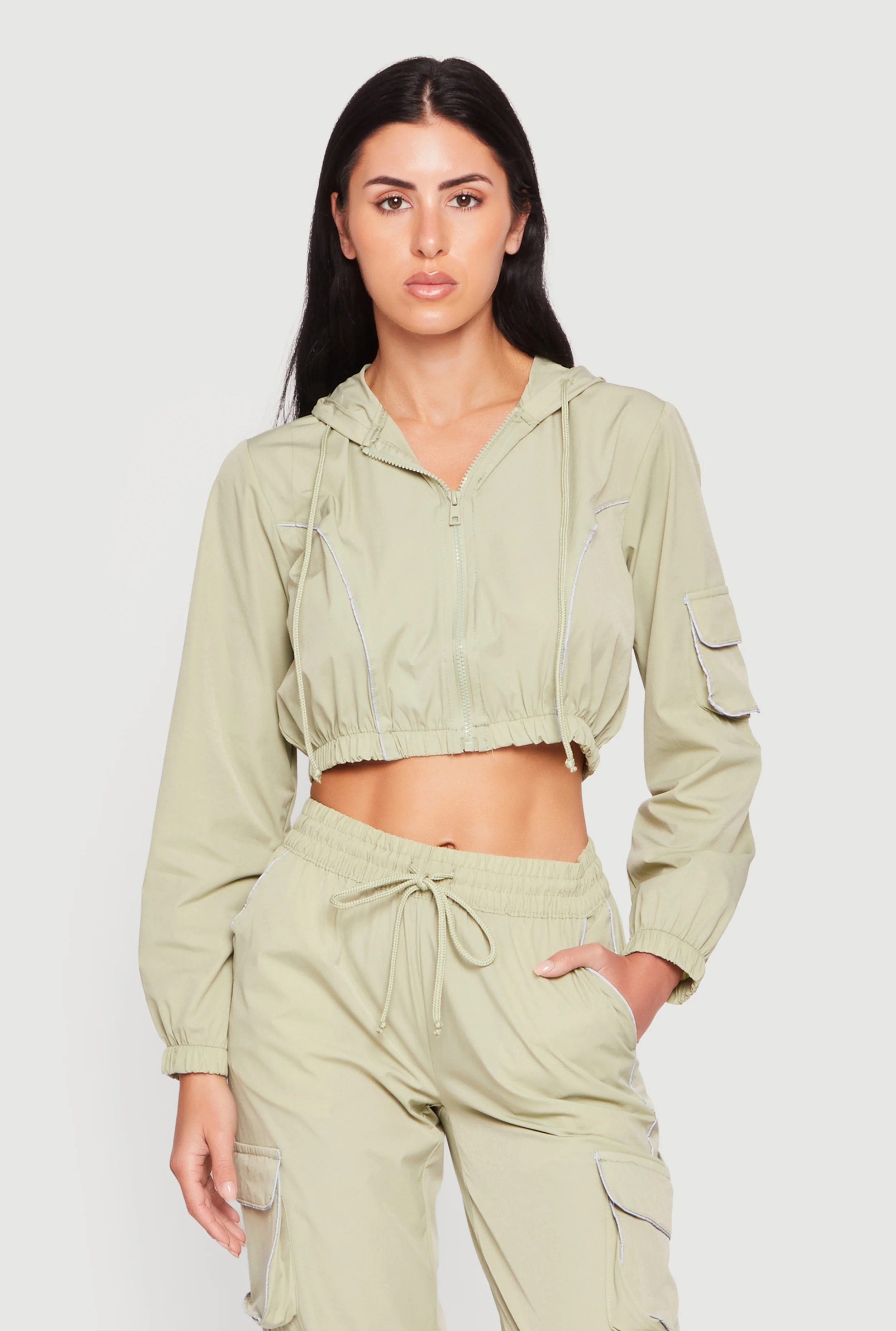 Nylon Cropped Zip Front Hooded Jacket