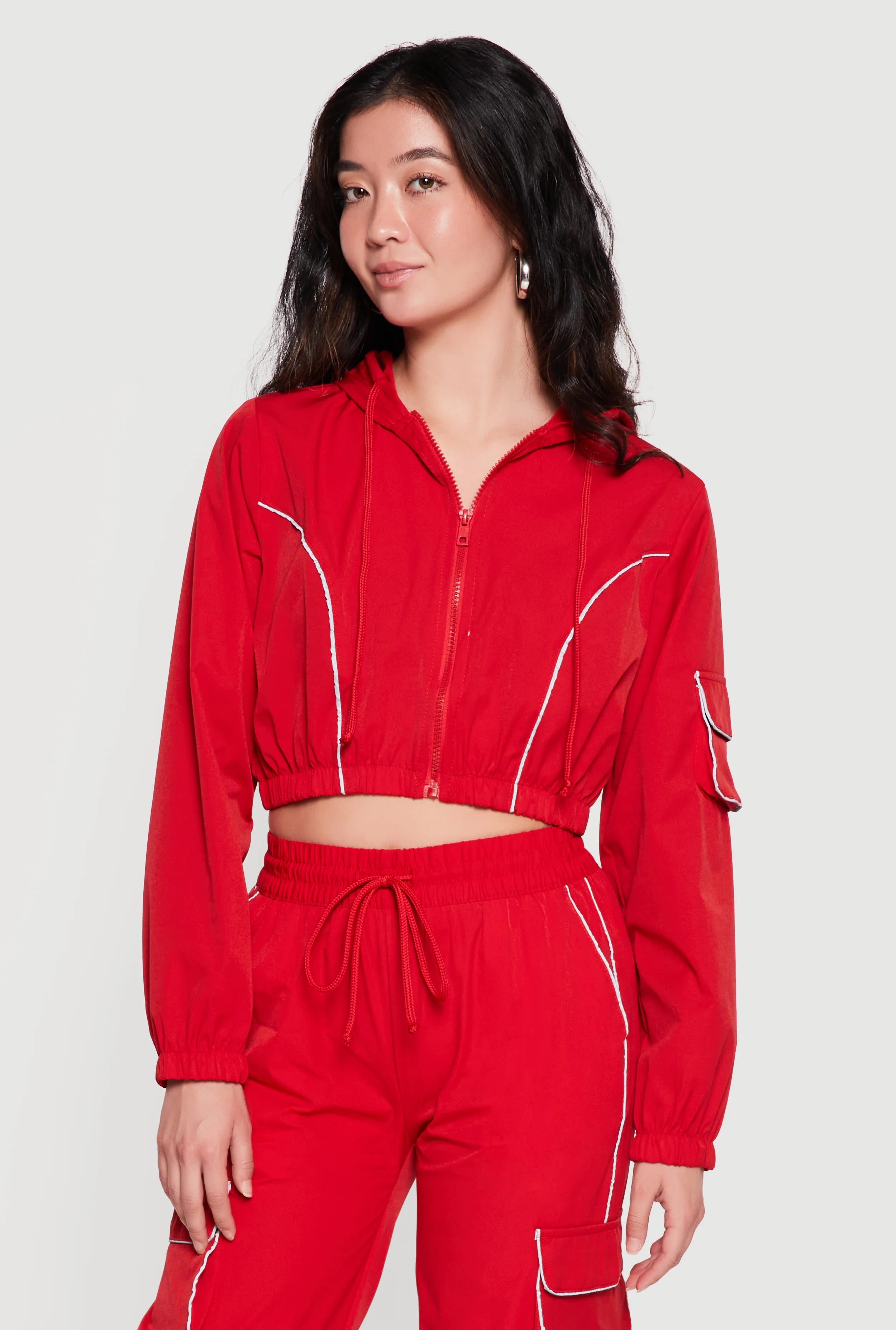 Nylon Cropped Zip Front Hooded Jacket