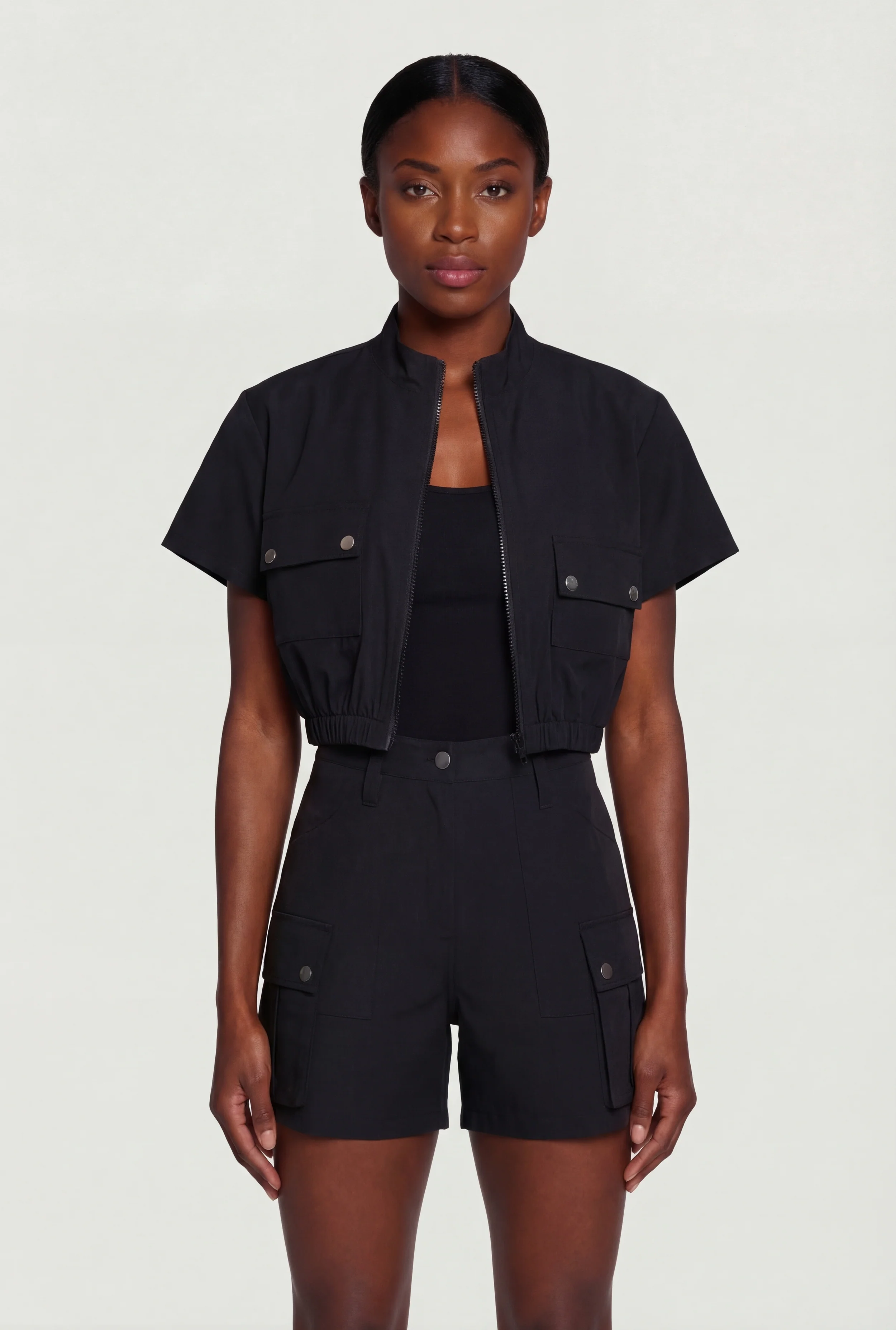 Cropped Zip Front Mock Neck Cargo Top