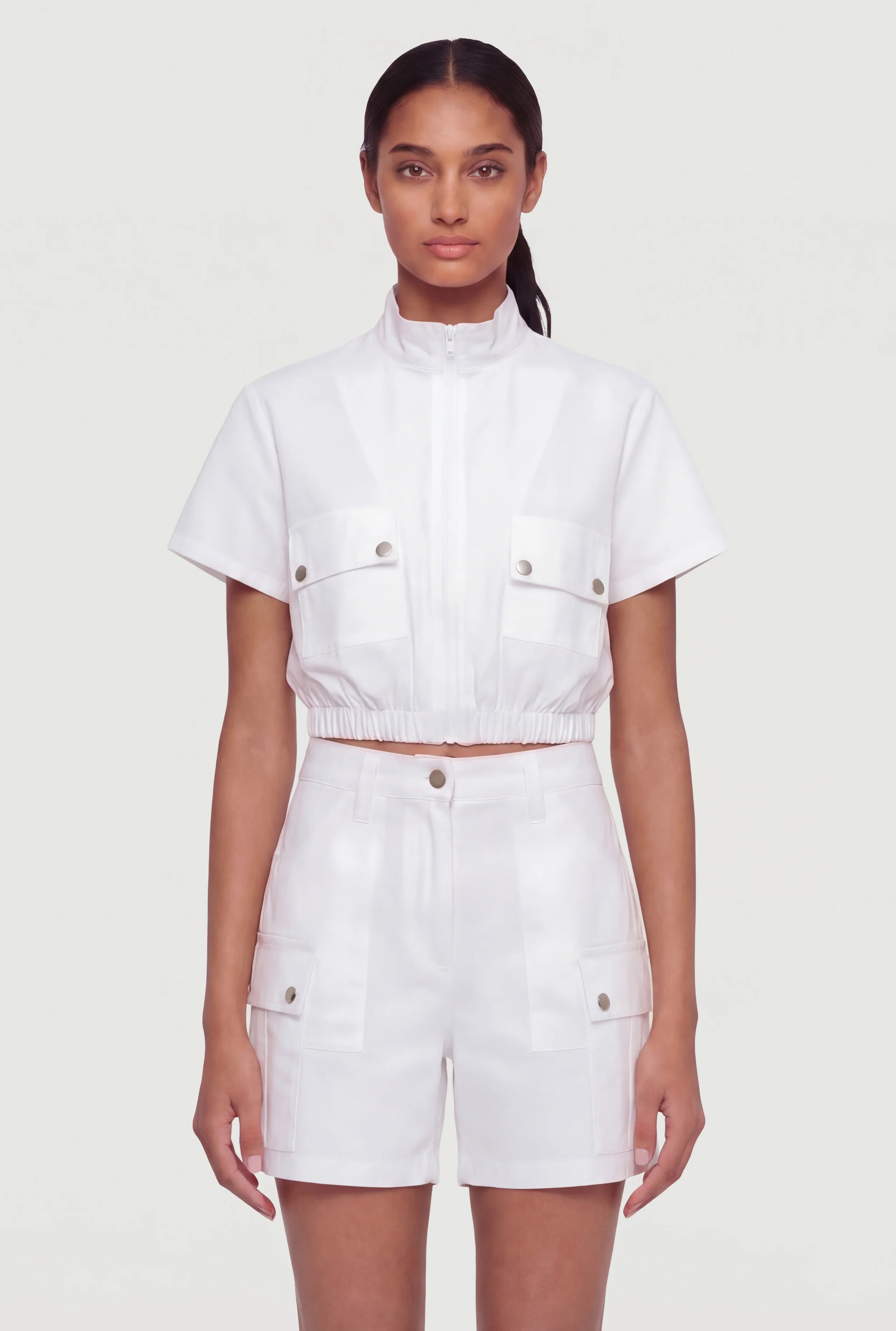 Cropped Zip Front Mock Neck Cargo Top