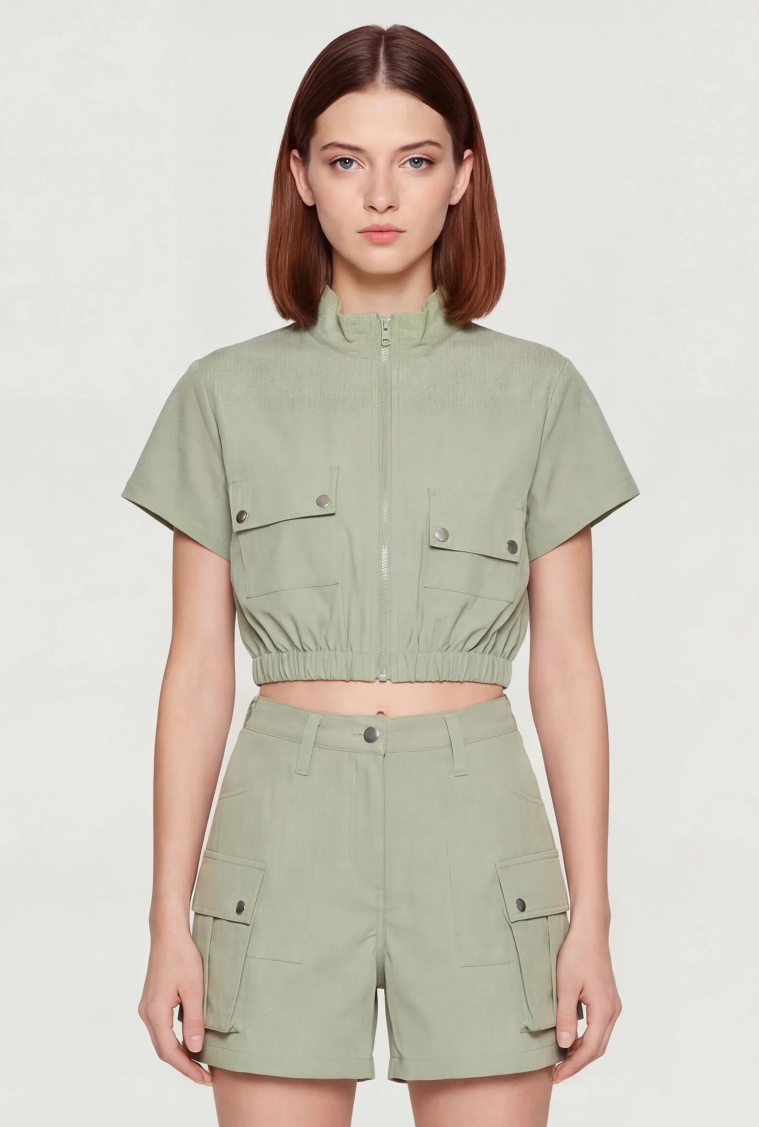 Cropped Zip Front Mock Neck Cargo Top