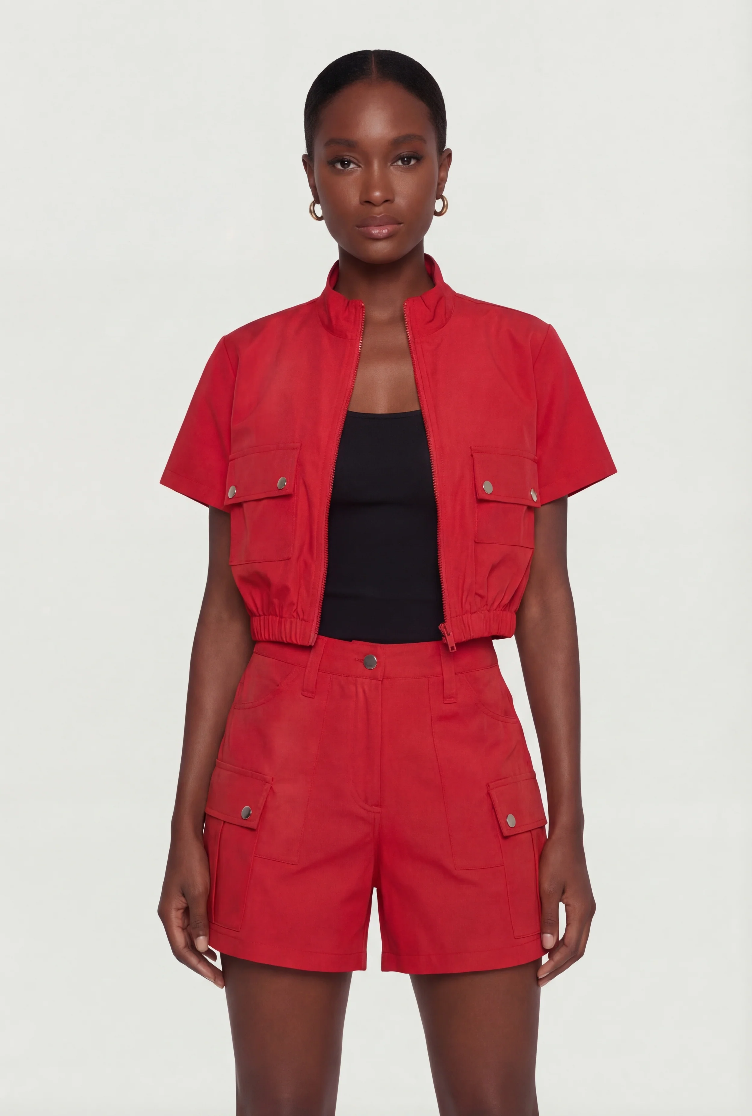 Cropped Zip Front Mock Neck Cargo Top