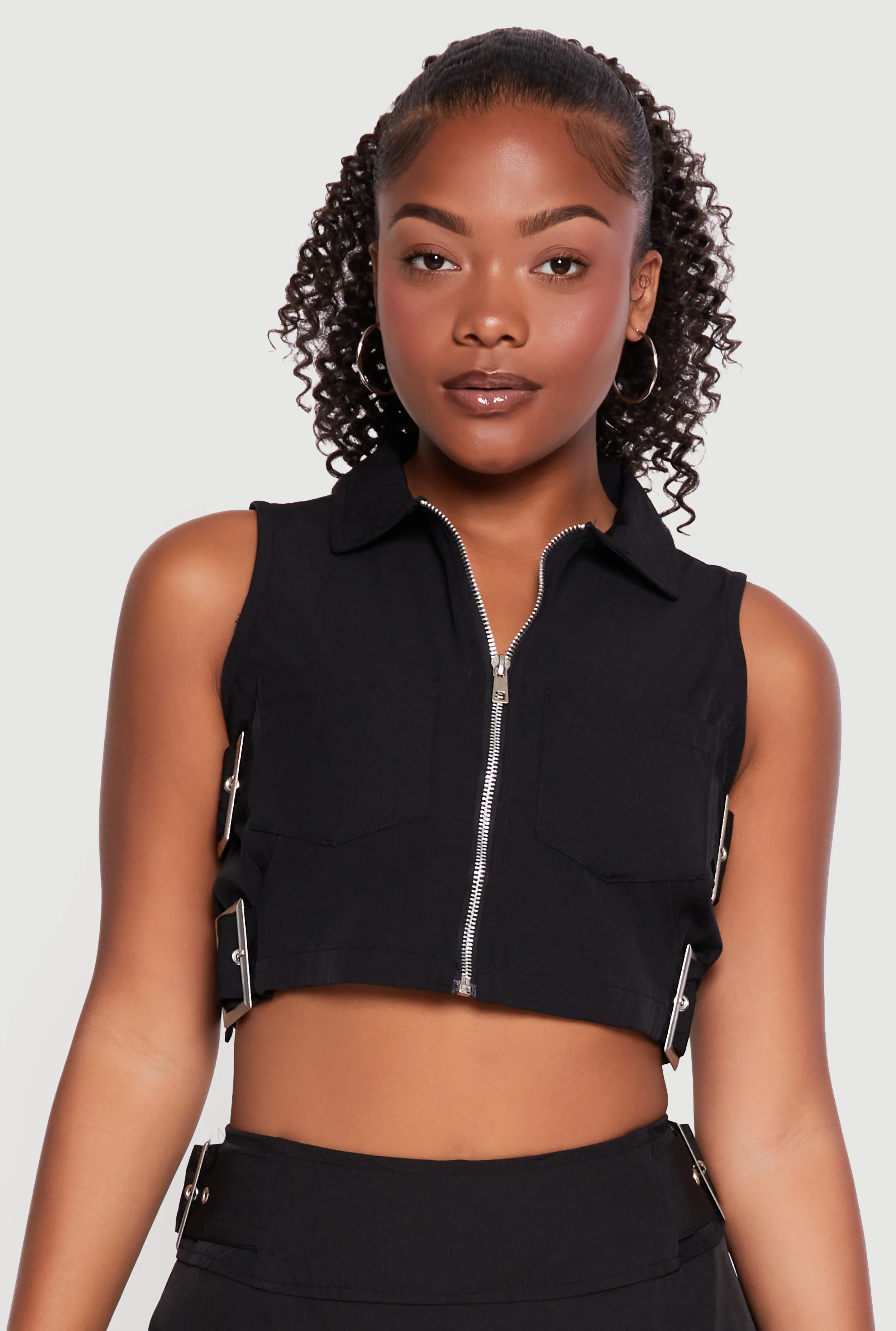 Buckle Detail Zip Front Cropped Cargo Vest