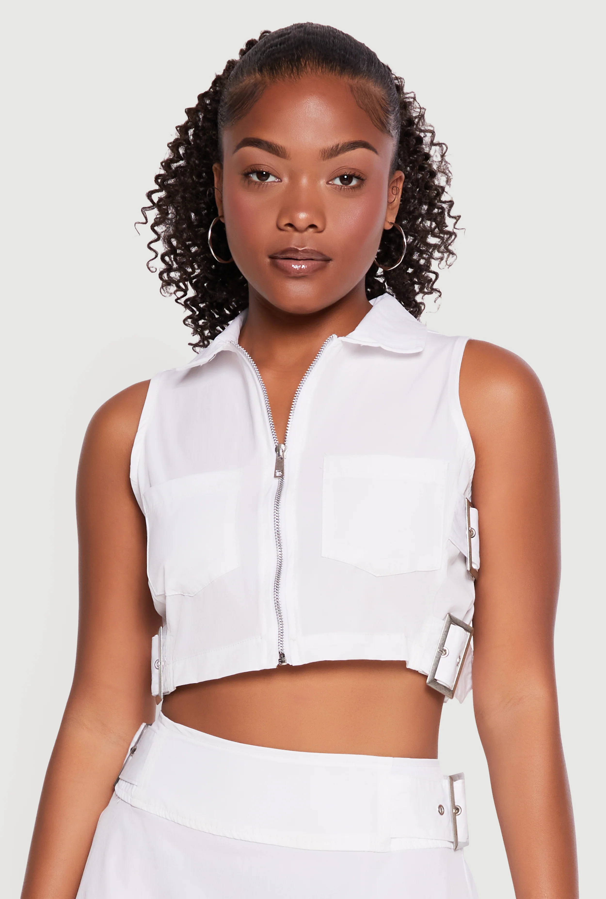 Buckle Detail Zip Front Cropped Cargo Vest