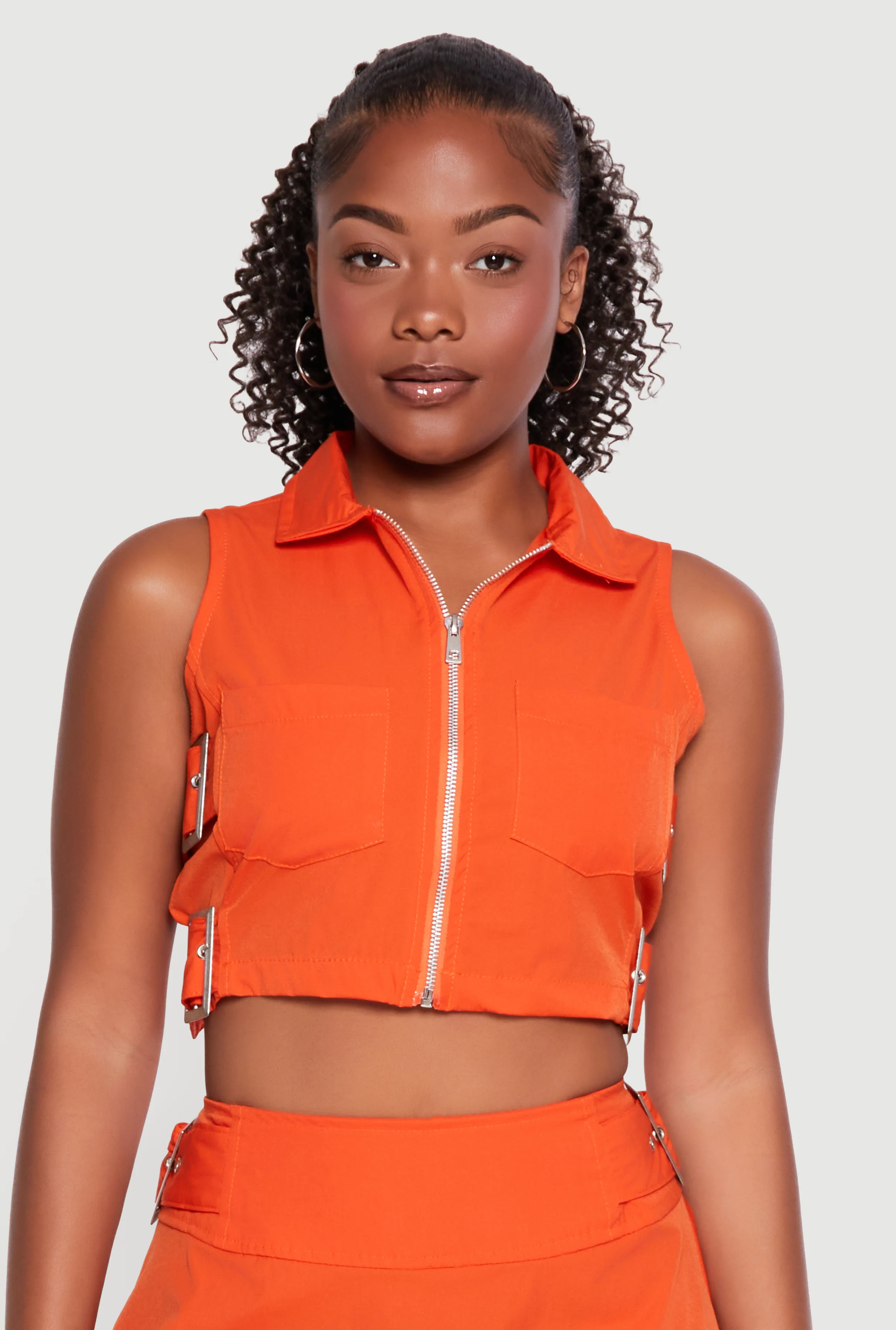 Buckle Detail Zip Front Cropped Cargo Vest