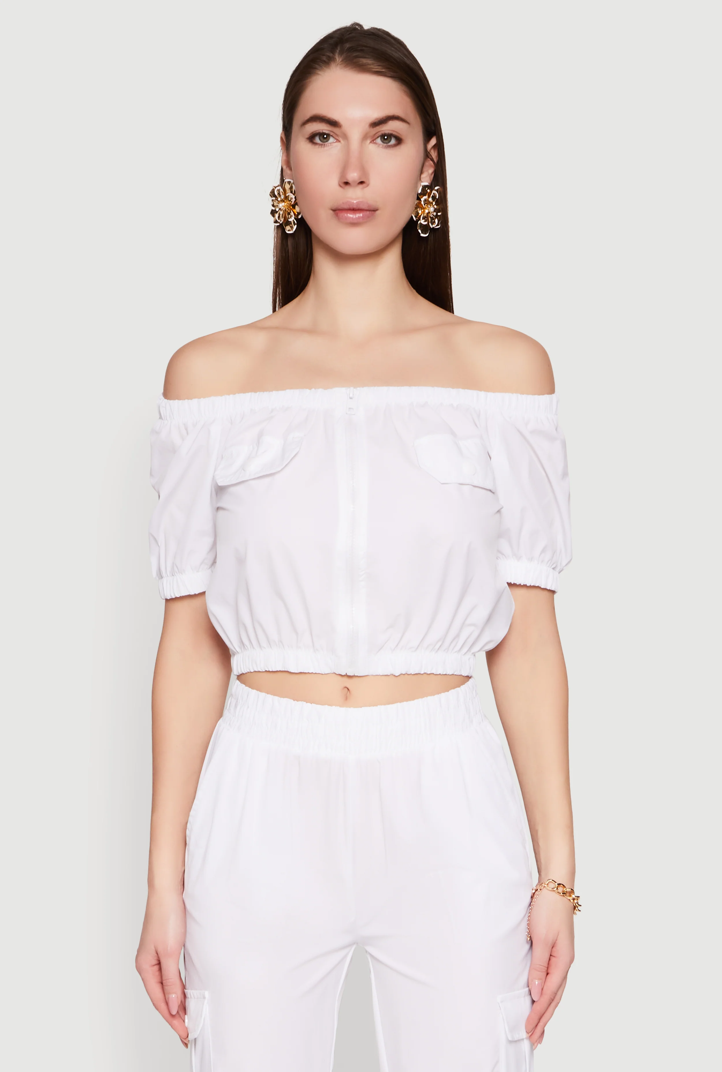 Puff Sleeve Zip Front Crop Top