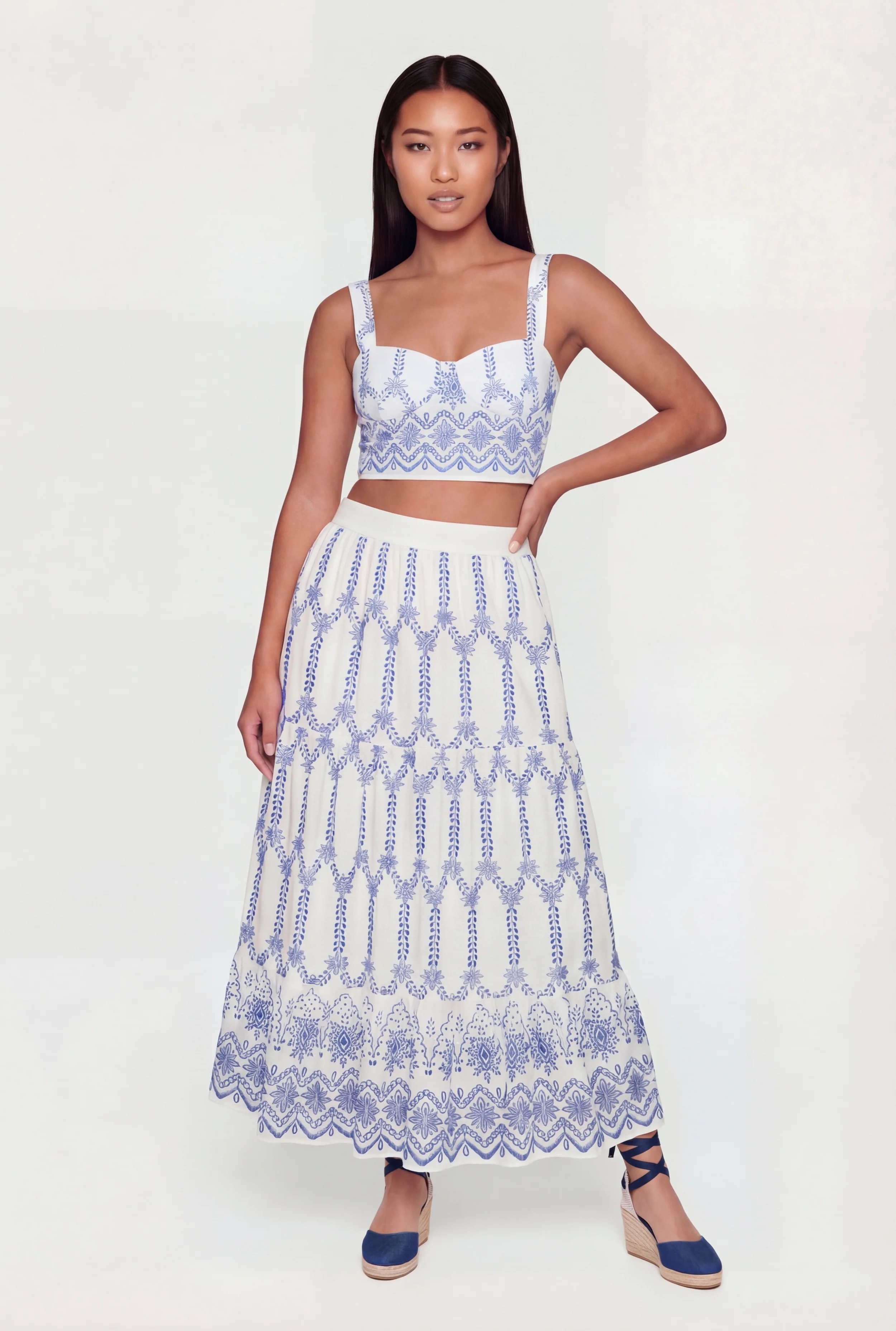 Printed Pattern High Waisted Tiered Maxi Skirt